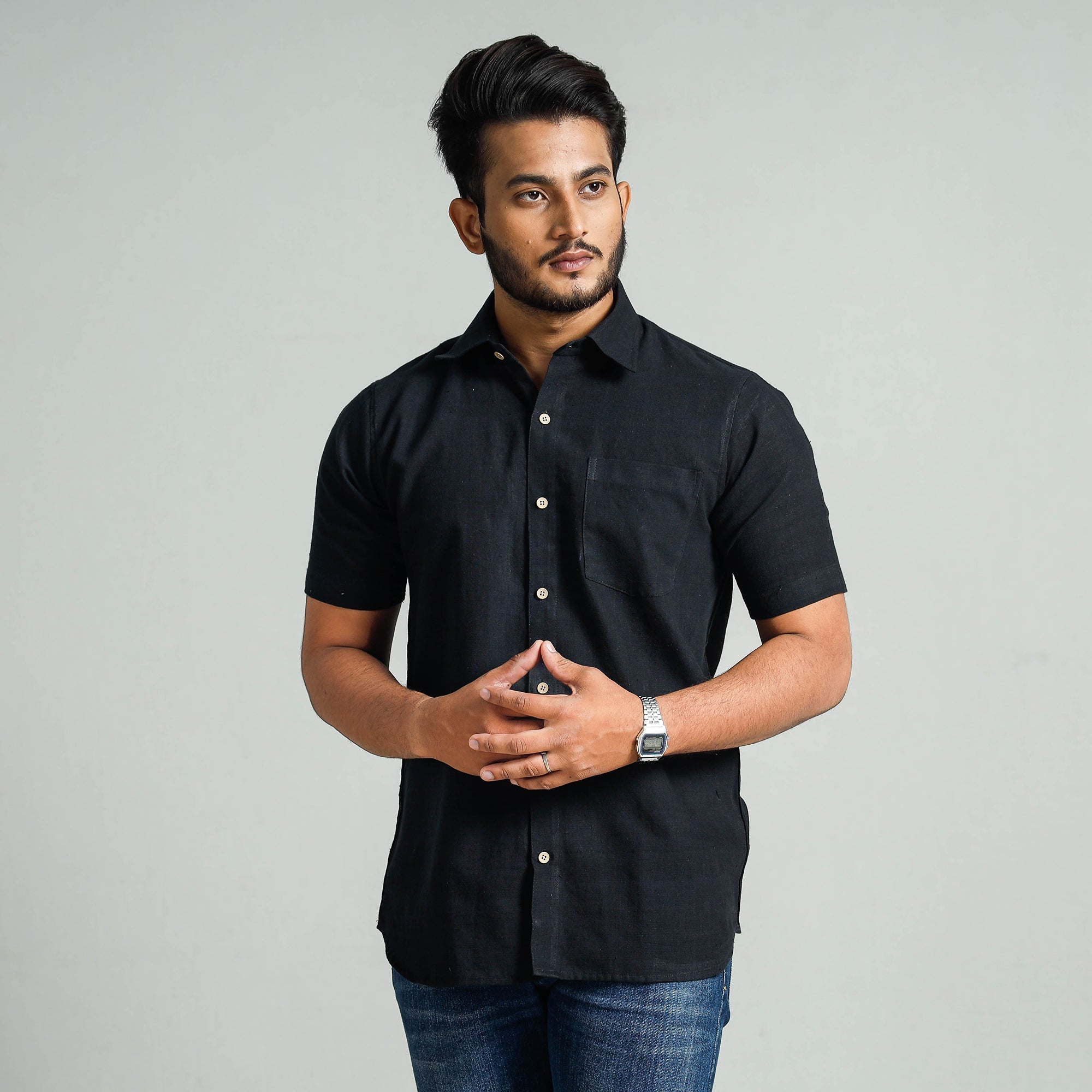 ITOKRI CASUALS Black - Plain Handloom Cotton Men Half Sleeve Shirt