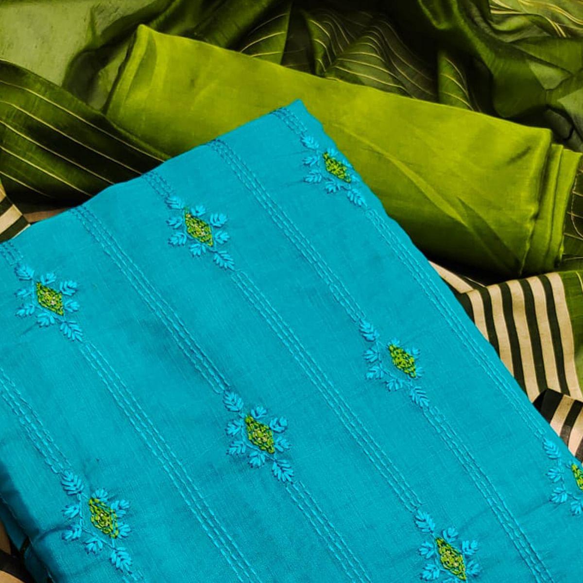 Peachmode Firozi-Blue Casual Wear Embroidered Chanderi Dress Material - view 3
