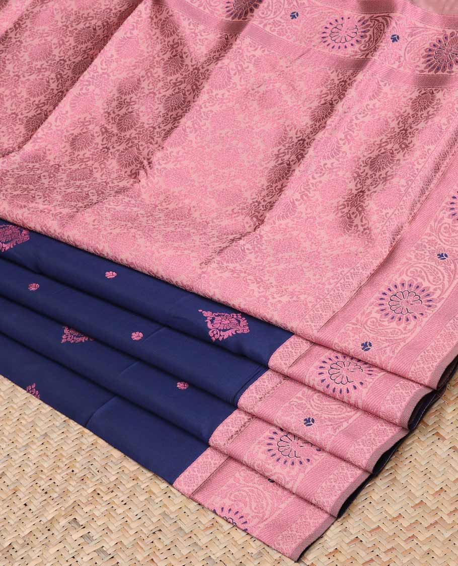 TheShoppothys Blue butter silk saree with rose copper zari buttas, contrast zari border & floral jaal pallu