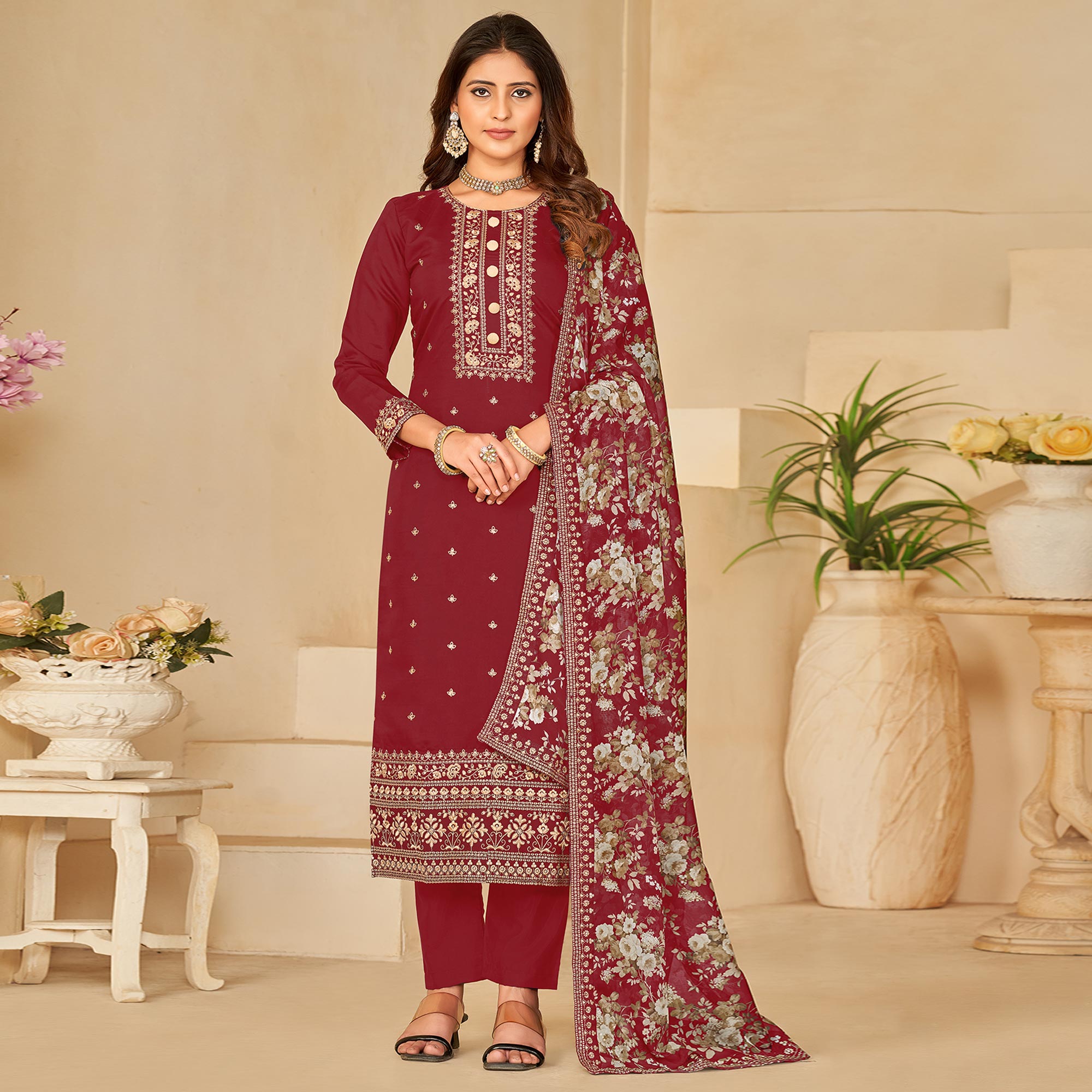 Peachmode Maroon Embroidered Pure Silk Semi Stitched Suit - view 2