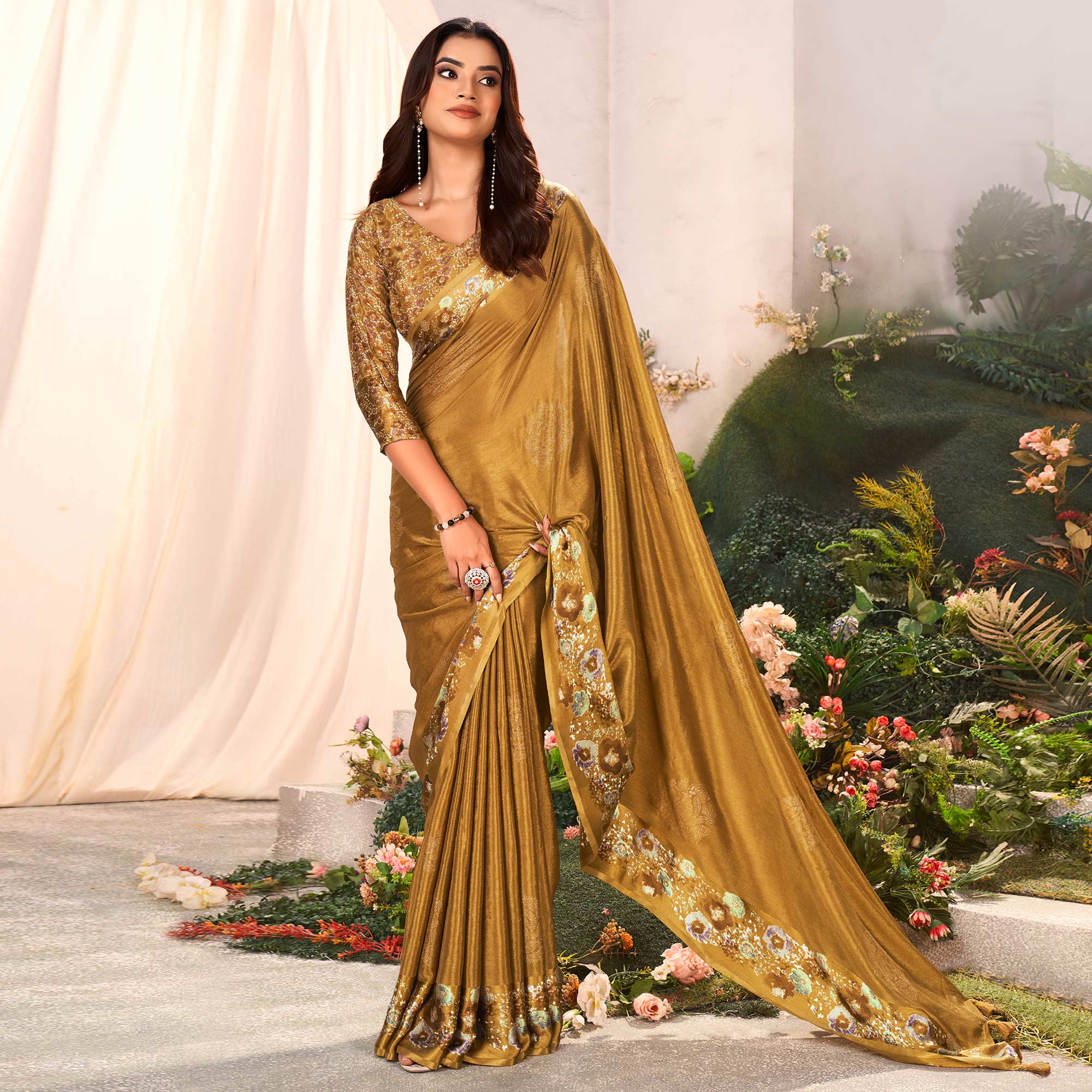 Peachmode Gold Floral Foil Printed Chiffon Saree With Tassels