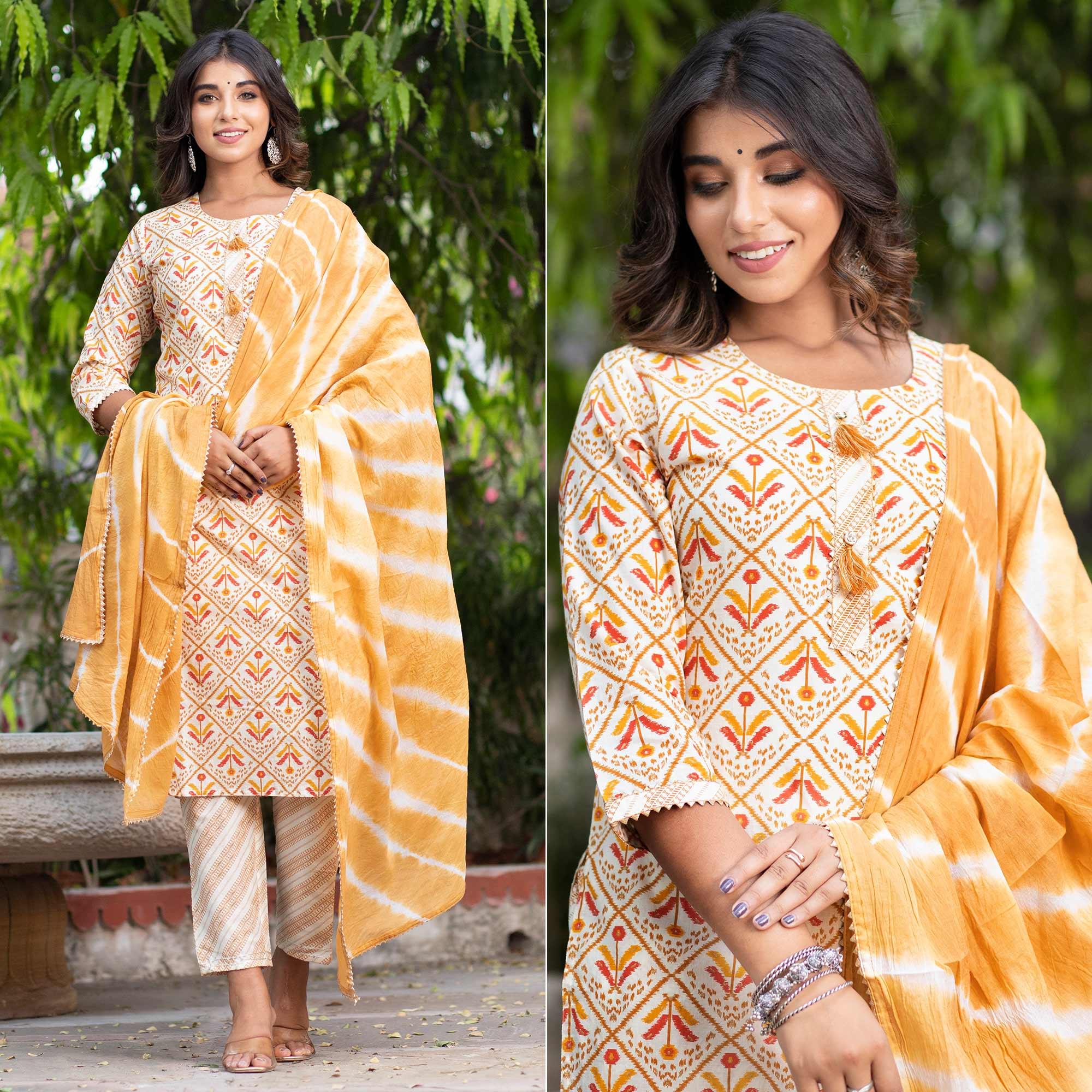 Peachmode Cream Floral Printed Pure Cotton Kurti Pant Set With Dupatta