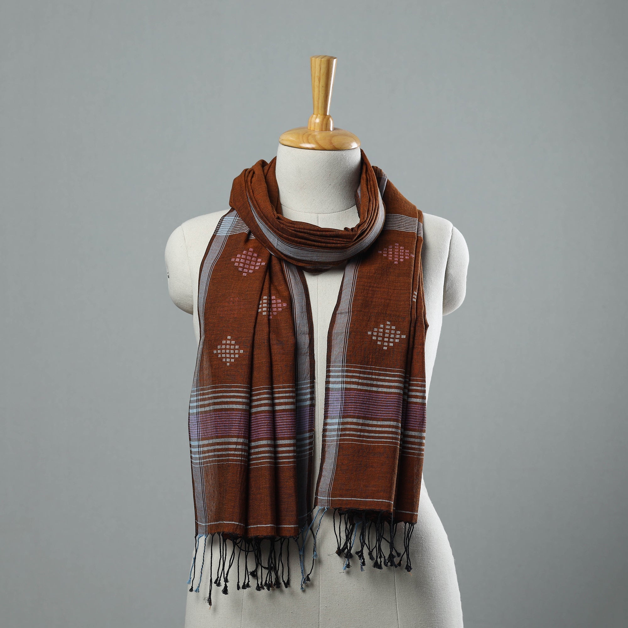 KHUSHBASH - HAPPY LOOM OF EAST Brown - Burdwan Jamdani Cotton Handloom Stole with Tassels 15