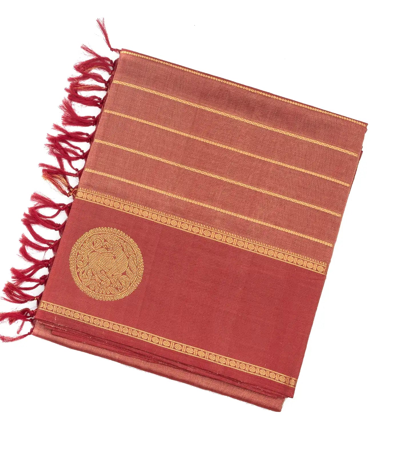 RmKV Peach Handloom Silk Cotton Saree With Zari Stripes