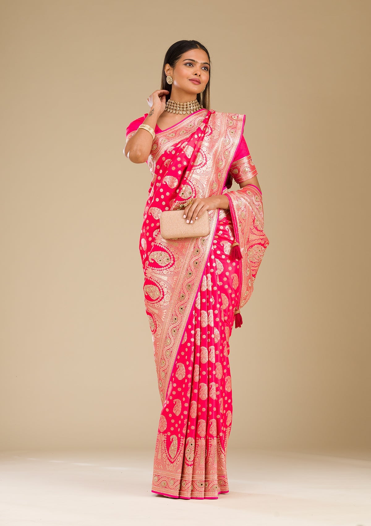 Koskii Rani Pink Zariwork Banarasi Silk Saree