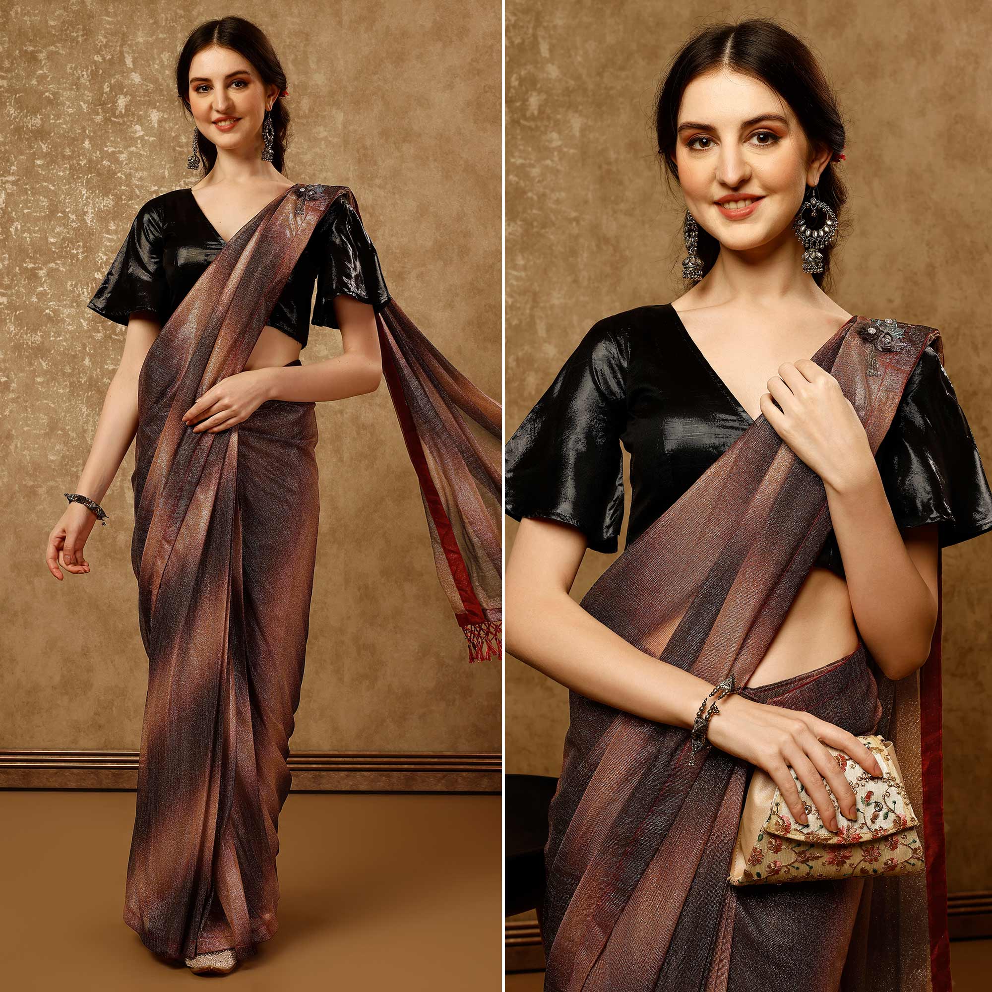 Peachmode Seller Brown Ombre Printed Lycra Ready To Wear Saree