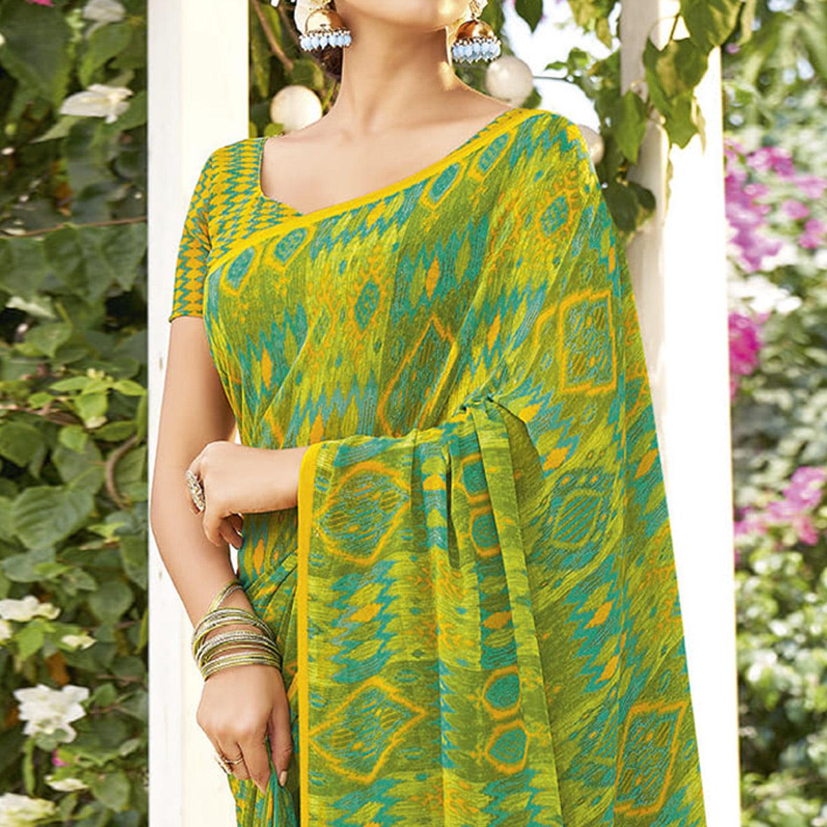 Peachmode Light Green & Yellow Printed Georgette Saree - view 2