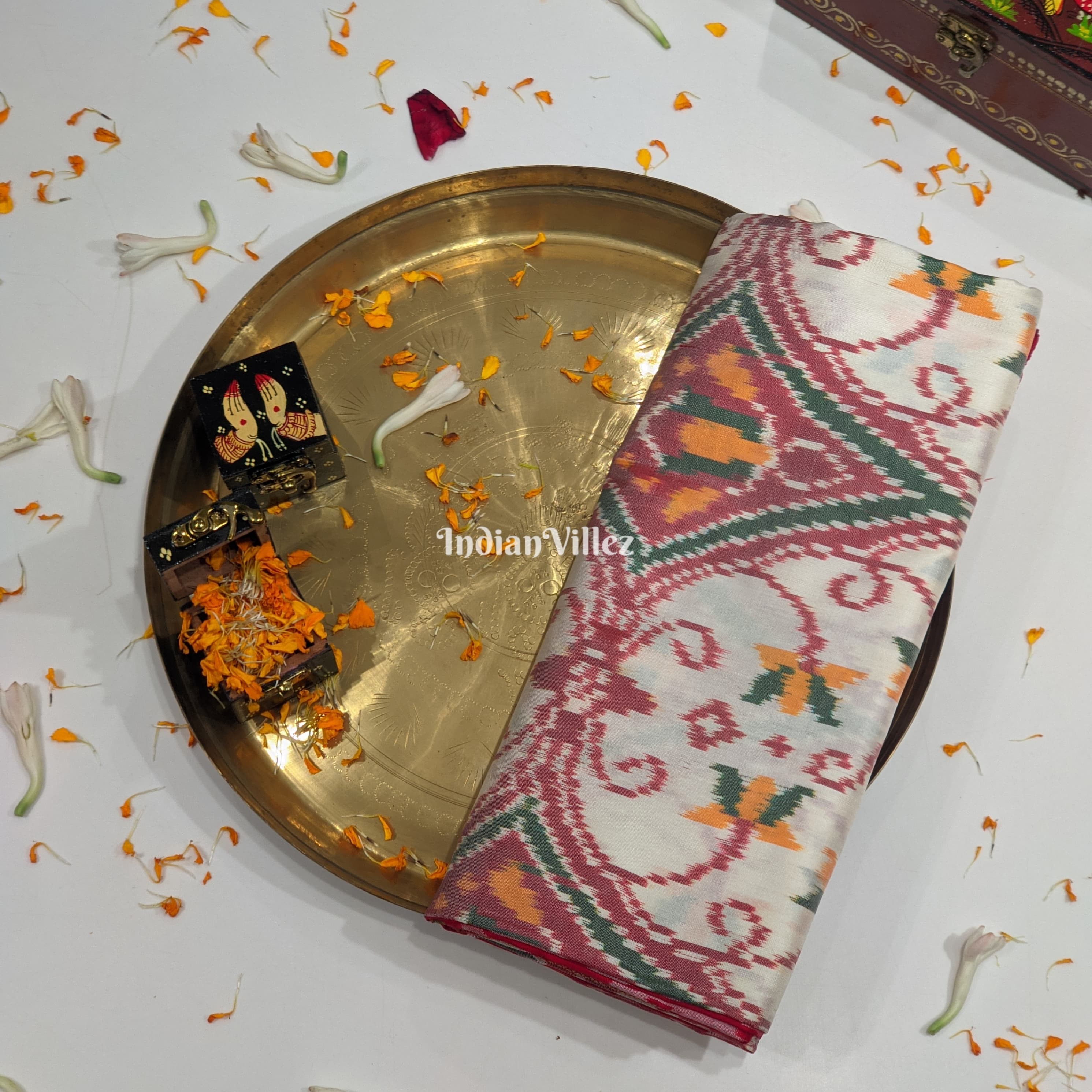 IndianVillèz Multicoloured Design Pochampally Ikat Silk Saree with Elephant Anchal