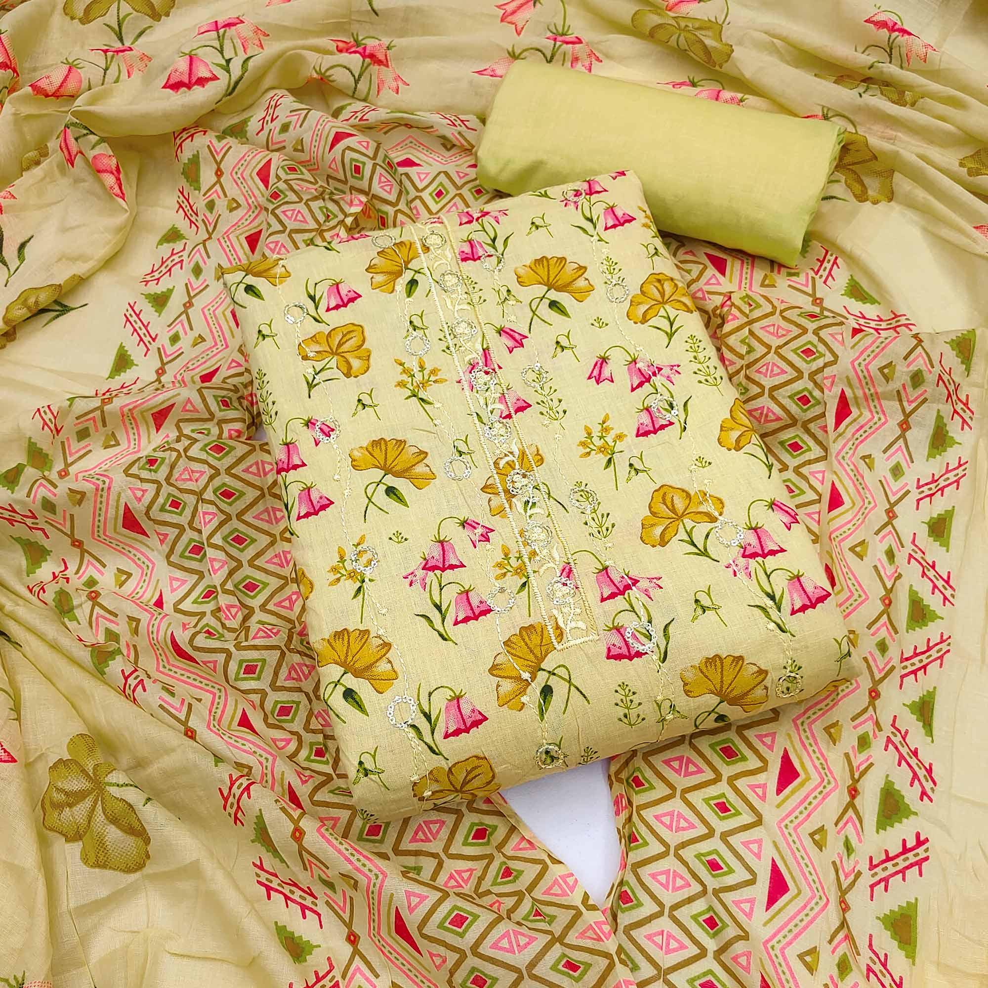 Peachmode Lemon Green Floral Printed With Embroidered Pure Cotton Dress Material
