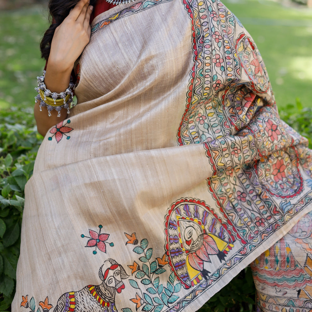 DIORAMA DESIGNS Beige - Madhubani Hand-Painted Krishna Raas Tussar Silk Saree - view 6