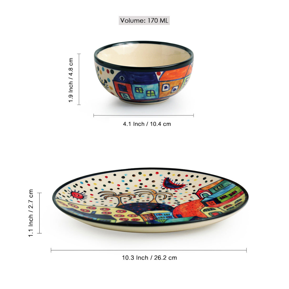 EXCLUSIVELANE 'Hut Dining' Handpainted Ceramic Dinner Plates With Katoris (8 Pieces, Serving for 4) - view 5