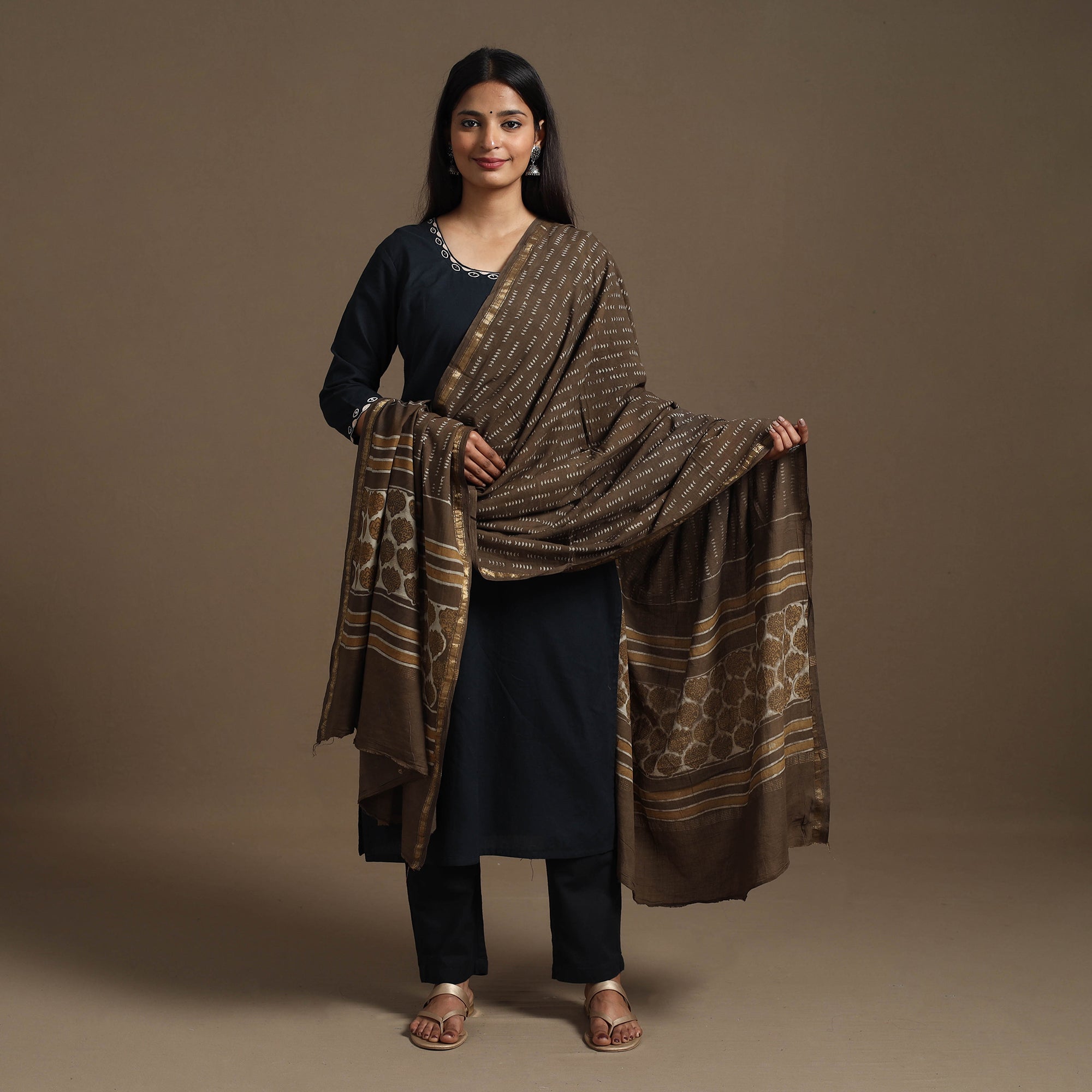 HAVELI CHRONICLES Brown - Cotton Akola Block Print Dupatta with Zari Border 19
