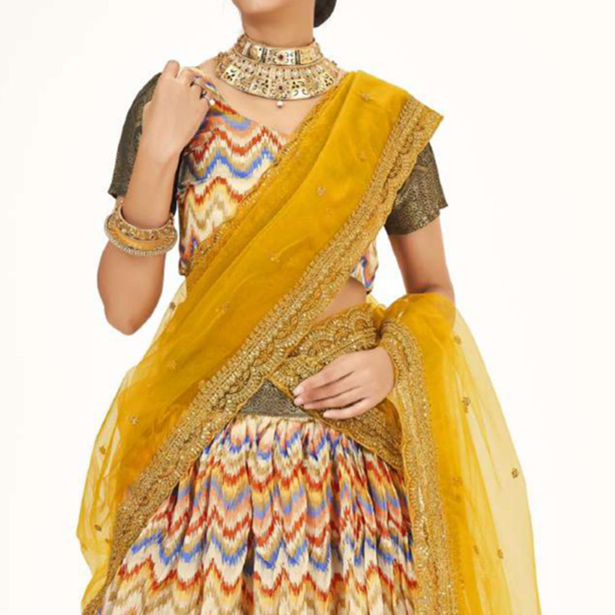 Peachmode Multicolor Digital Printed With Zari Work Art Silk Lehenga Choli - view 2