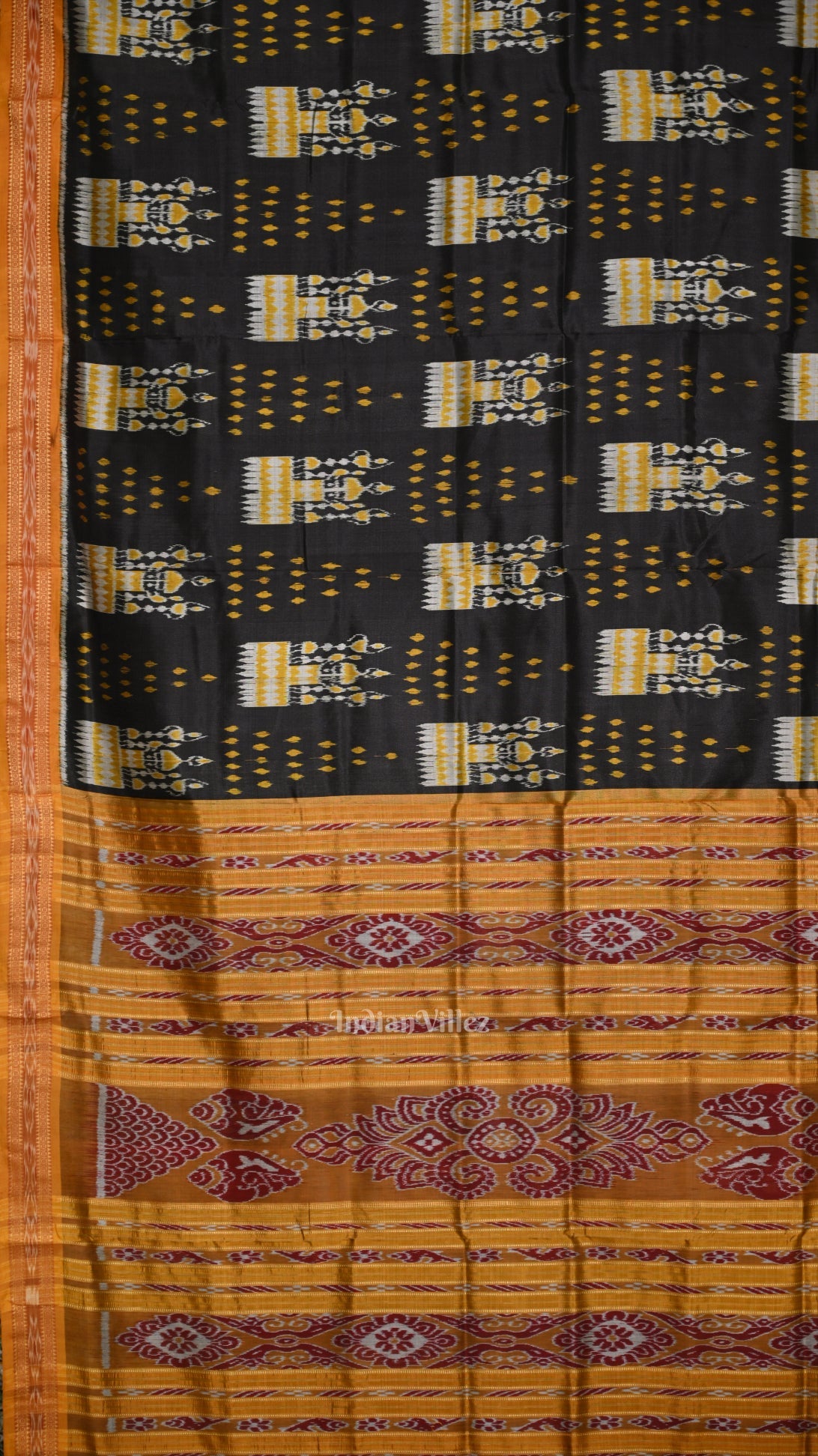 IndianVillèz Black Mustard Yellow Tribal Theme Odisha Ikat Khandua Silk Saree - view 2