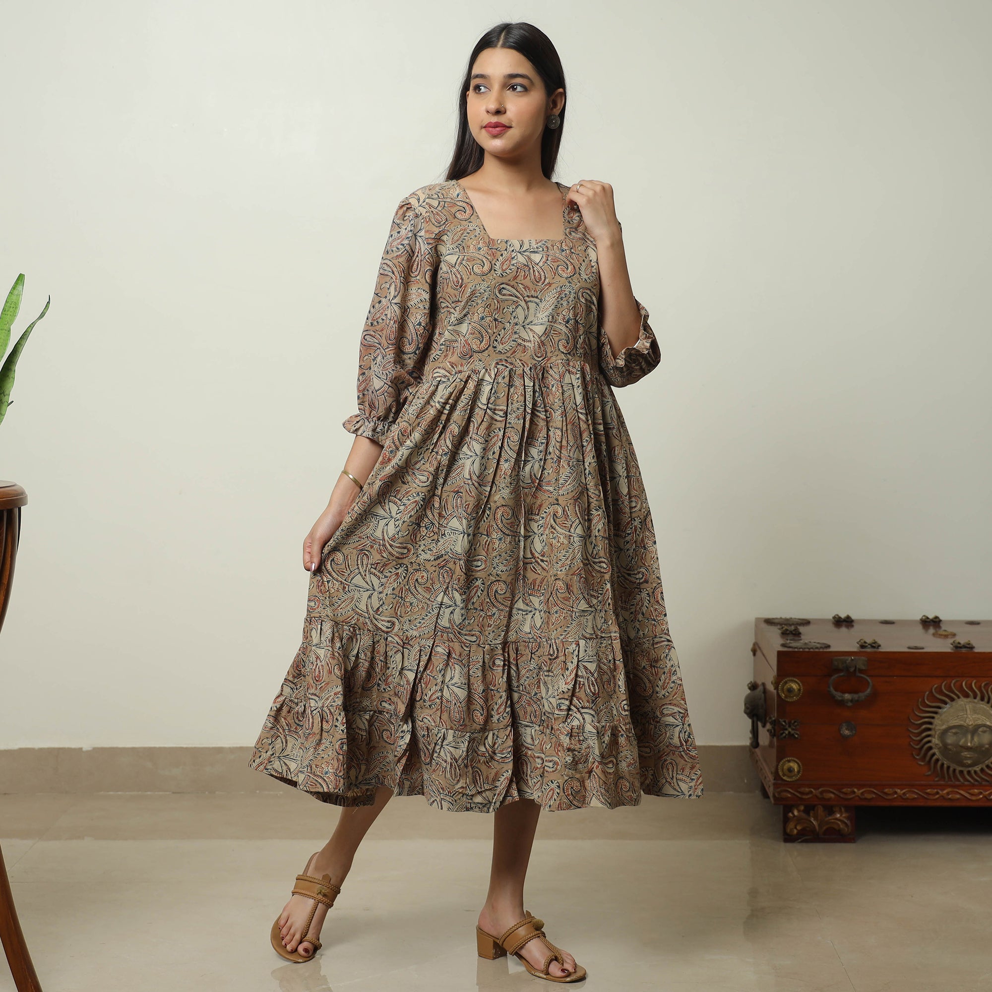 ITOKRI CASUALS Brown - Kalamkari Block Printed Cotton Tiered Dress 09 - view 2