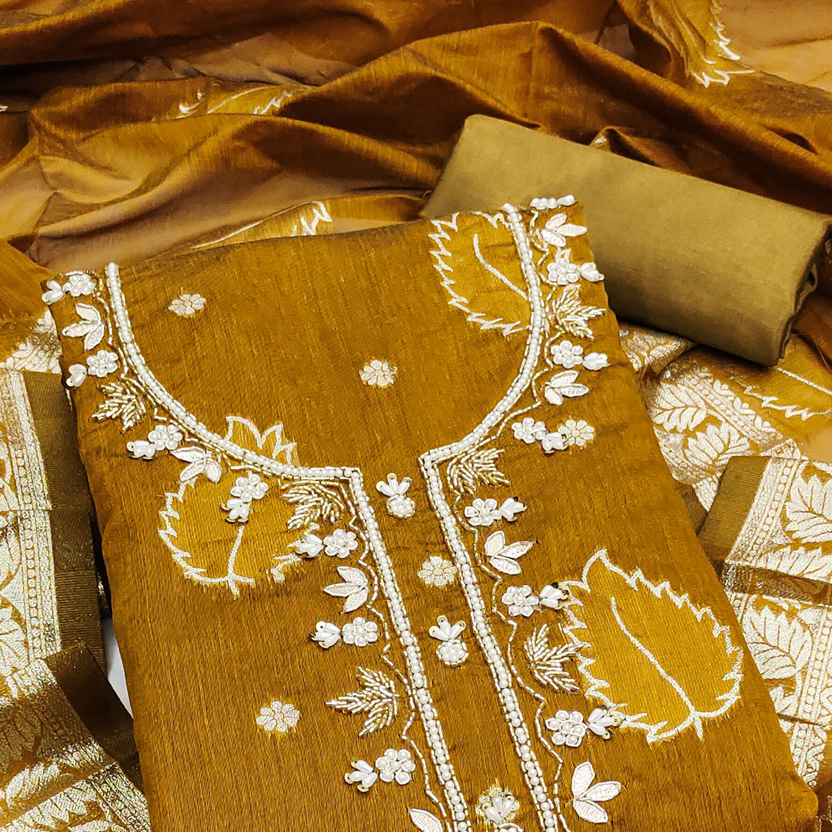 Peachmode Dark Mustard Floral Woven With Handwork Chanderi Banarasi Dress Material - view 2