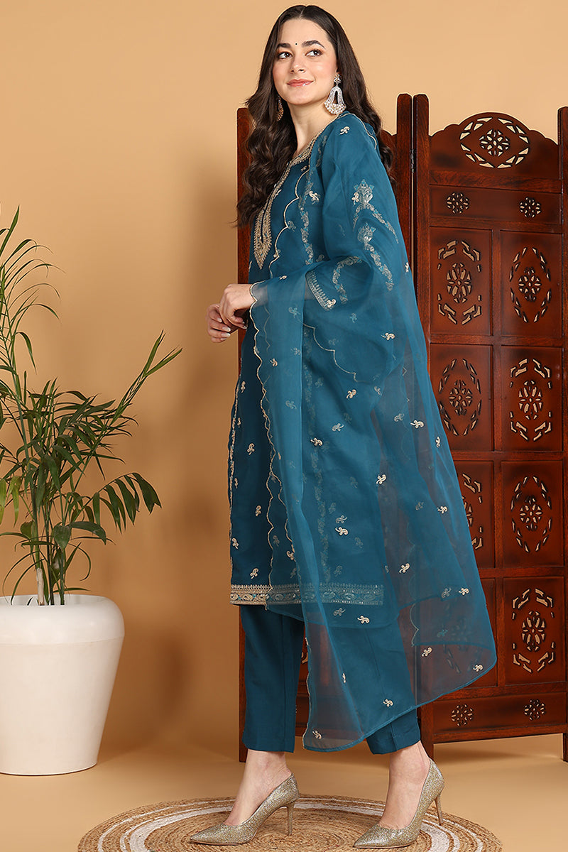 Ahika Teal Silk Blend Ethnic Motifs Embroidered Straight Suit Set PKSKD2198 - view 4
