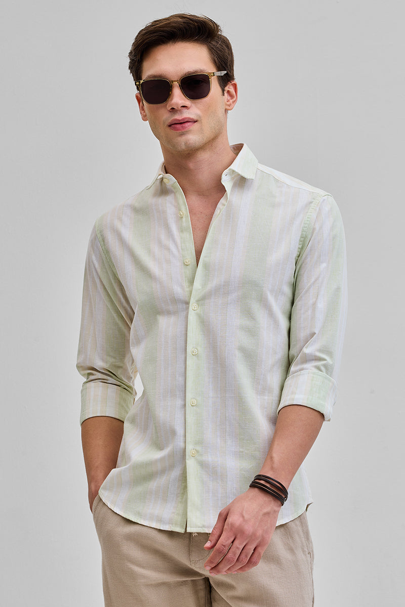 SNITCH Light Green Stripes Slim Fit Shirt
