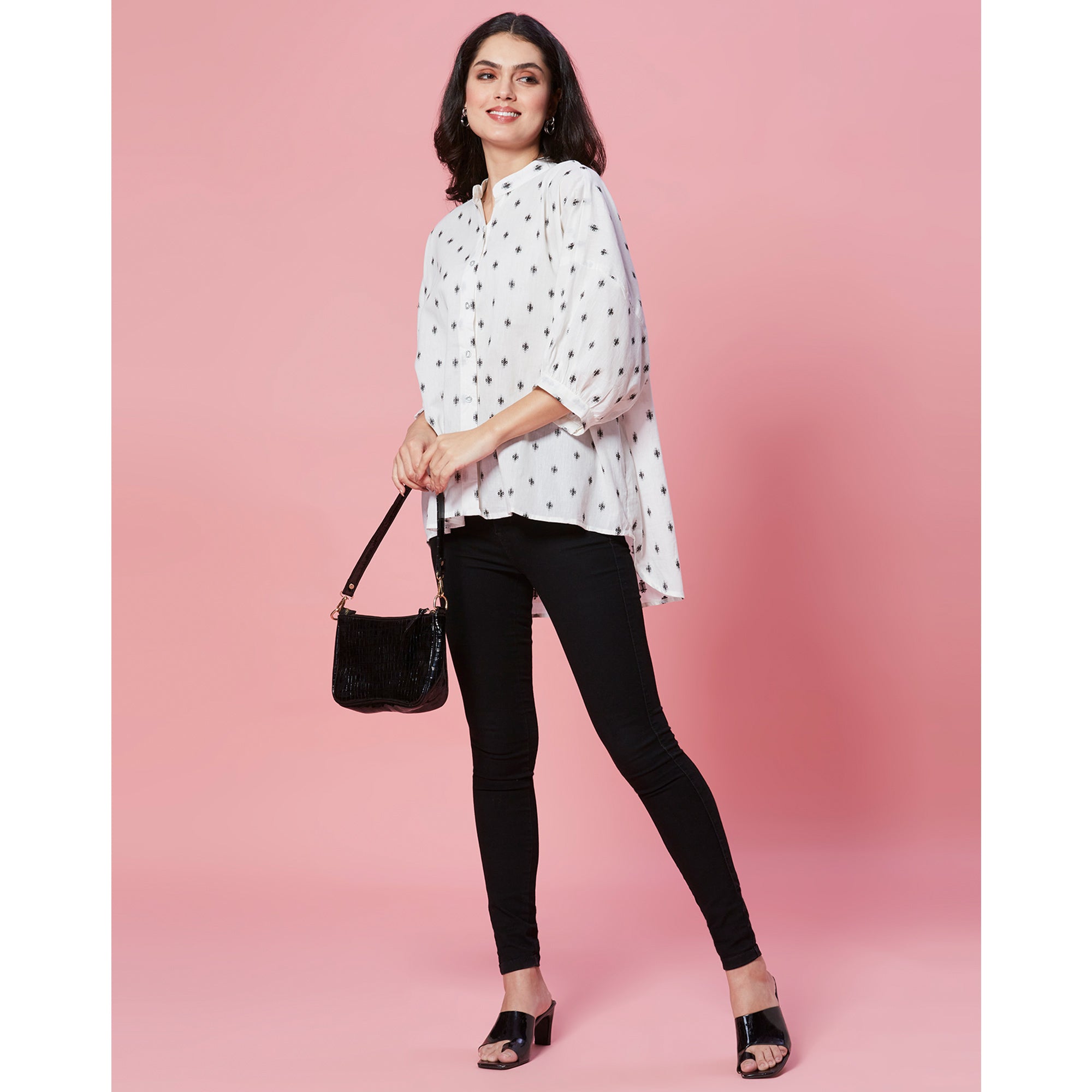 Peachmode White Jacquard Butti Woven Pure Cotton Kimono Top - view 7
