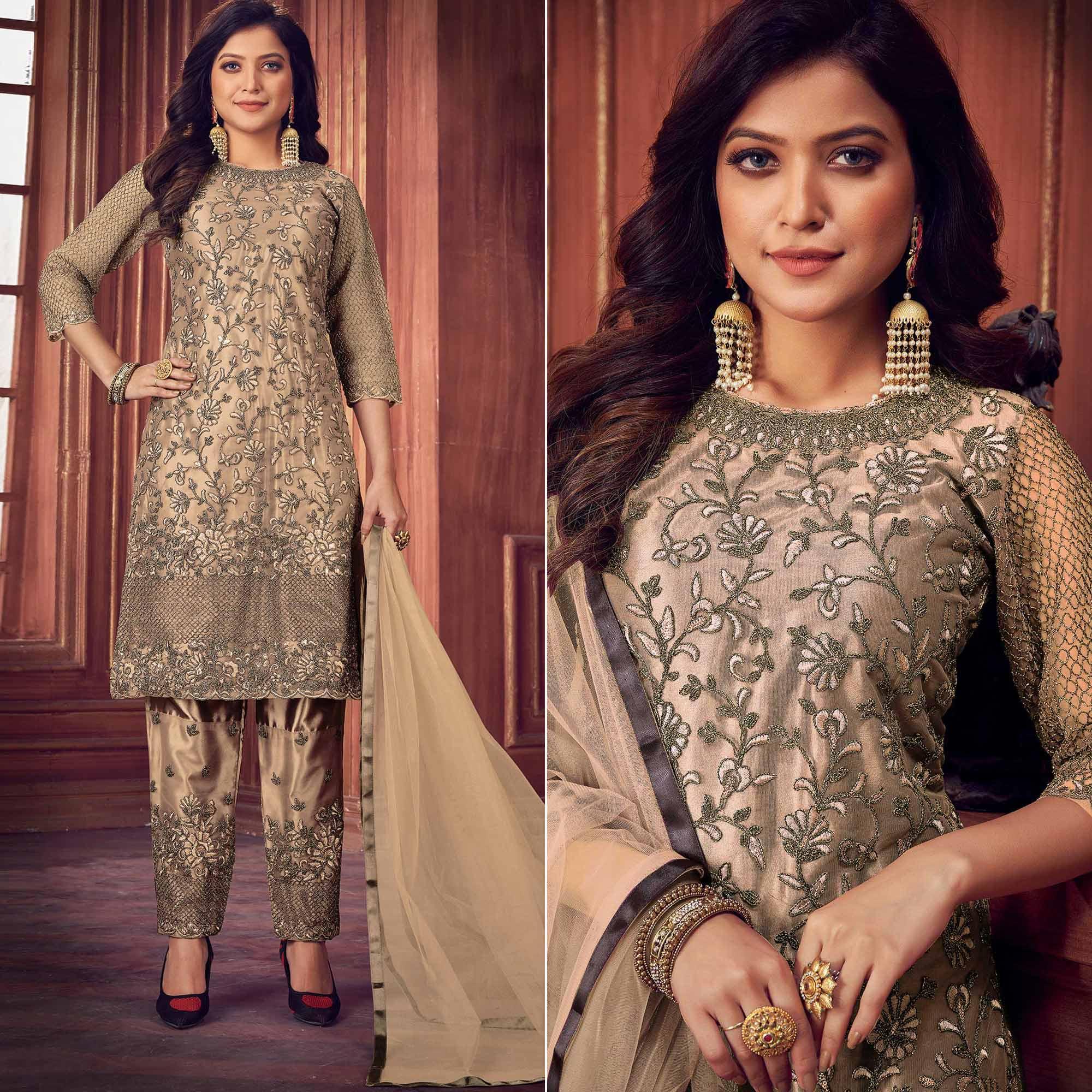 Peachmode Cream Floral Embroidered Net Partywear Suit