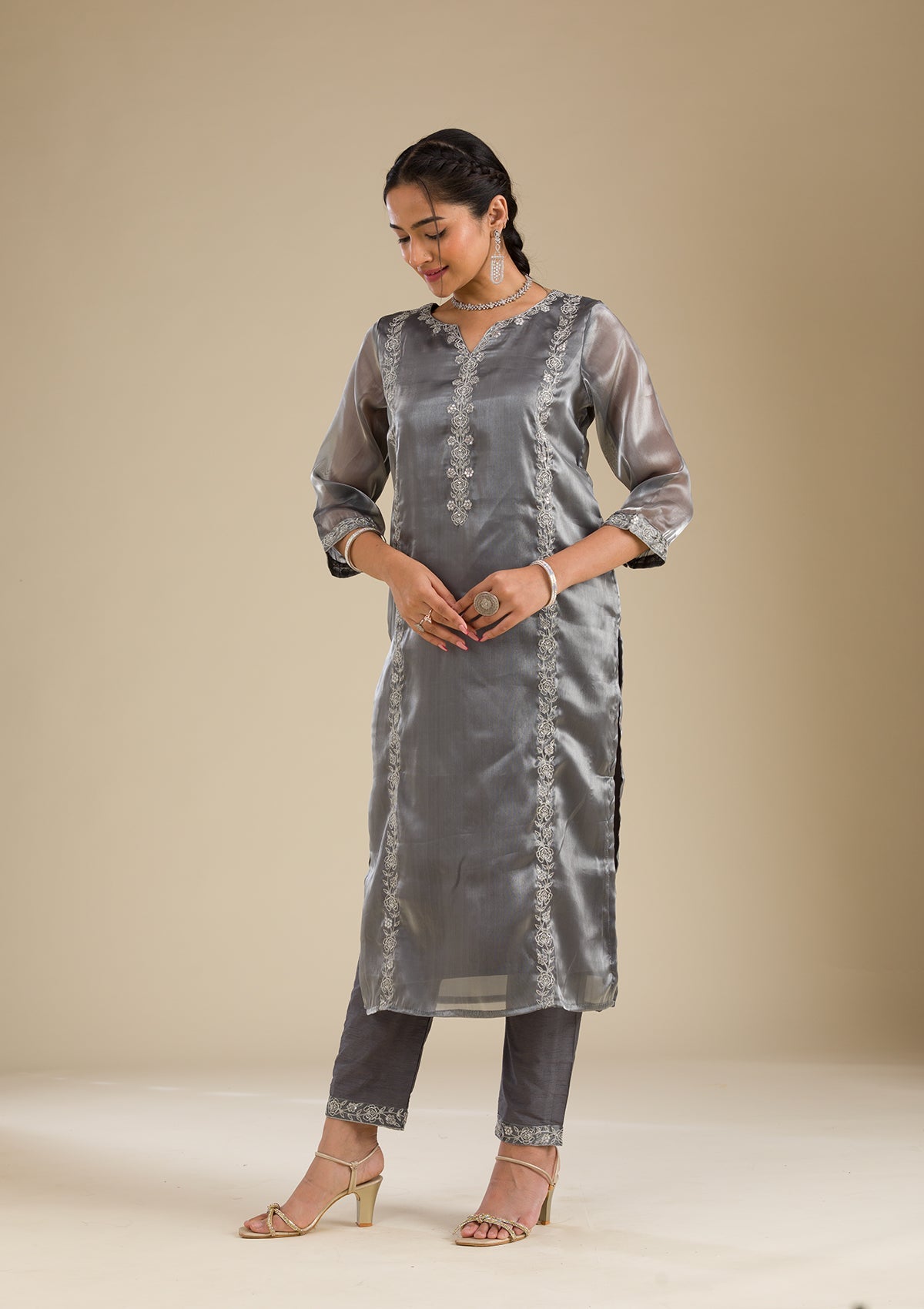 Koskii Grey Zariwork Crepe Readymade Salwar Suit - view 4