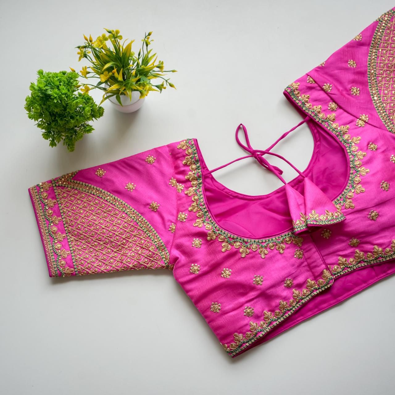 ClothsVilla Pink Mulmul Silk Blouse with Golden Embroidery and Sequins - view 2