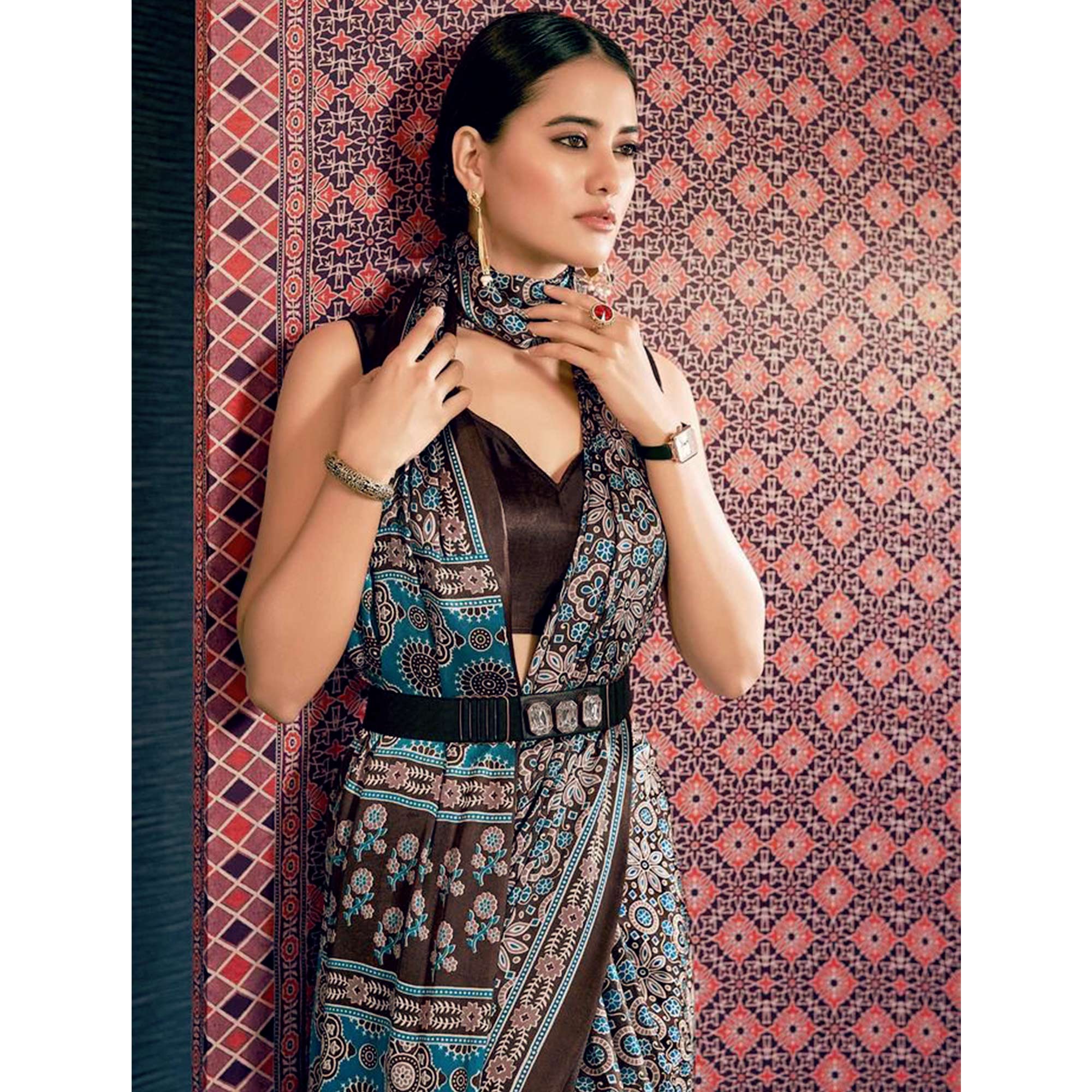Peachmode Brown Ajrakh Printed Satin Saree – Women's - view 4