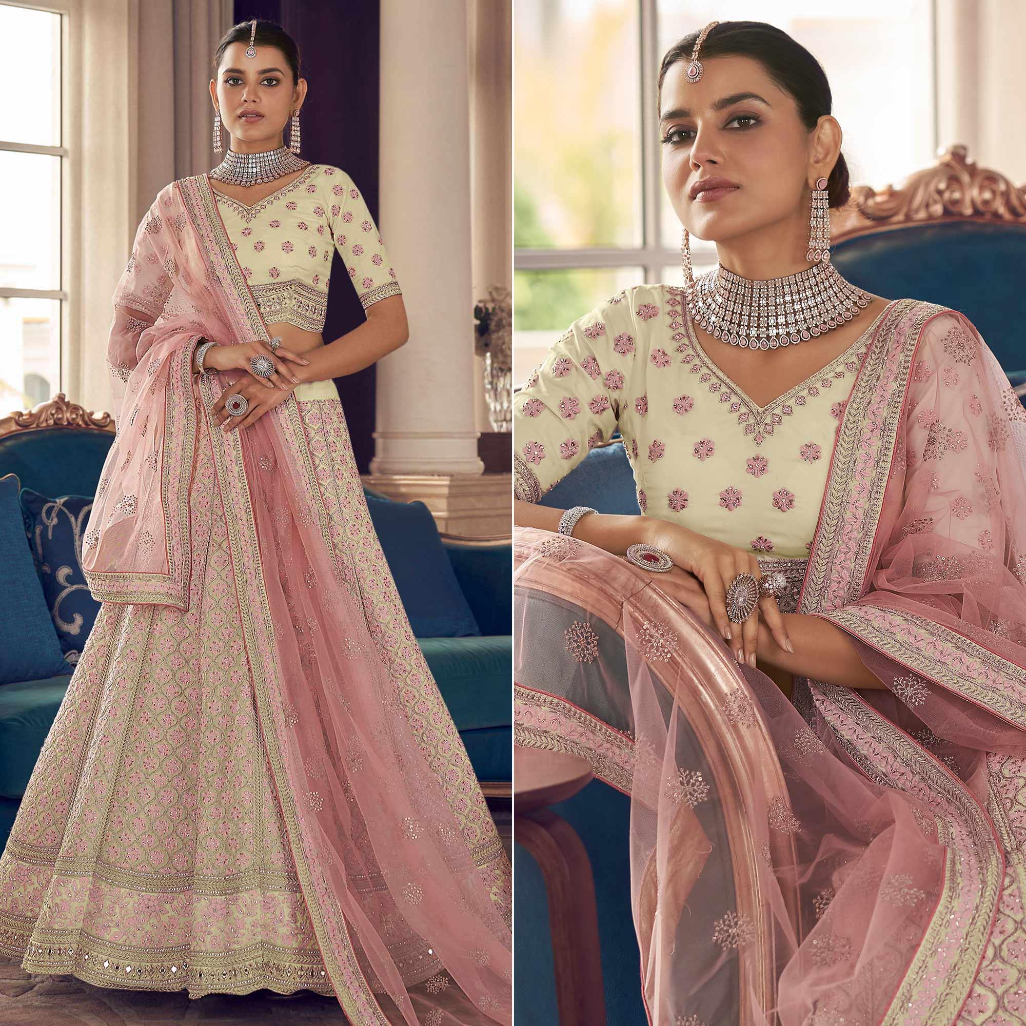 Peachmode Cream Partywear Embroidered Organza Lehenga Choli