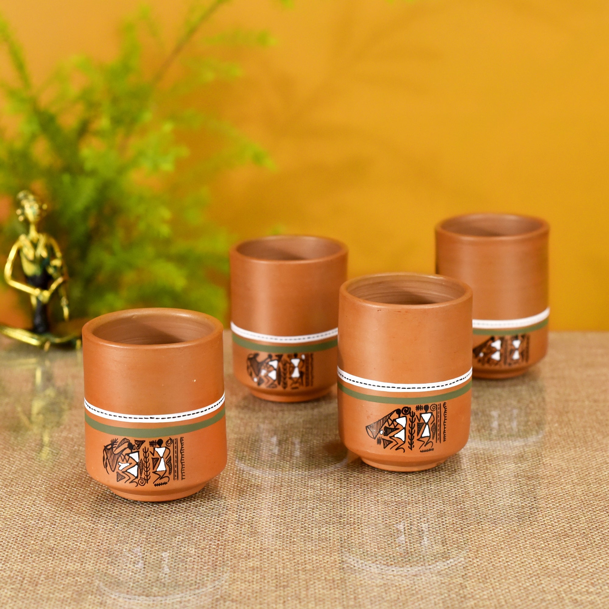 ART CREATIONS BY SUMAN SONTHALIA Brown - Knosh-C Earthen Mugs with Tribal Motifs (Set of 4)