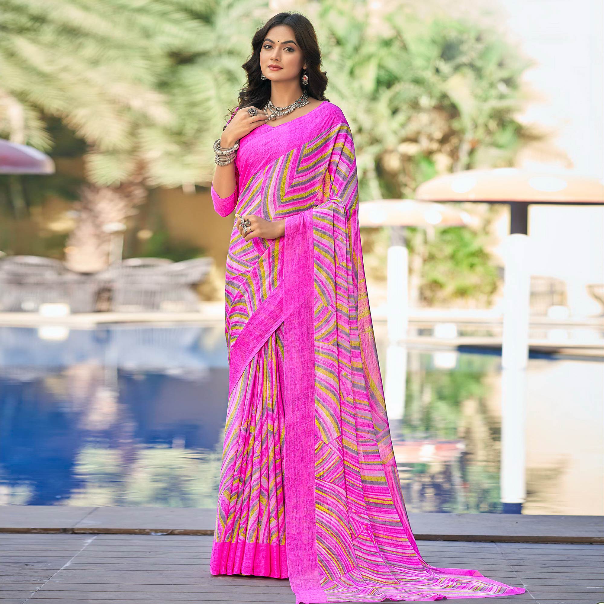 Peachmode Magenta Purple Printed Chiffon Saree