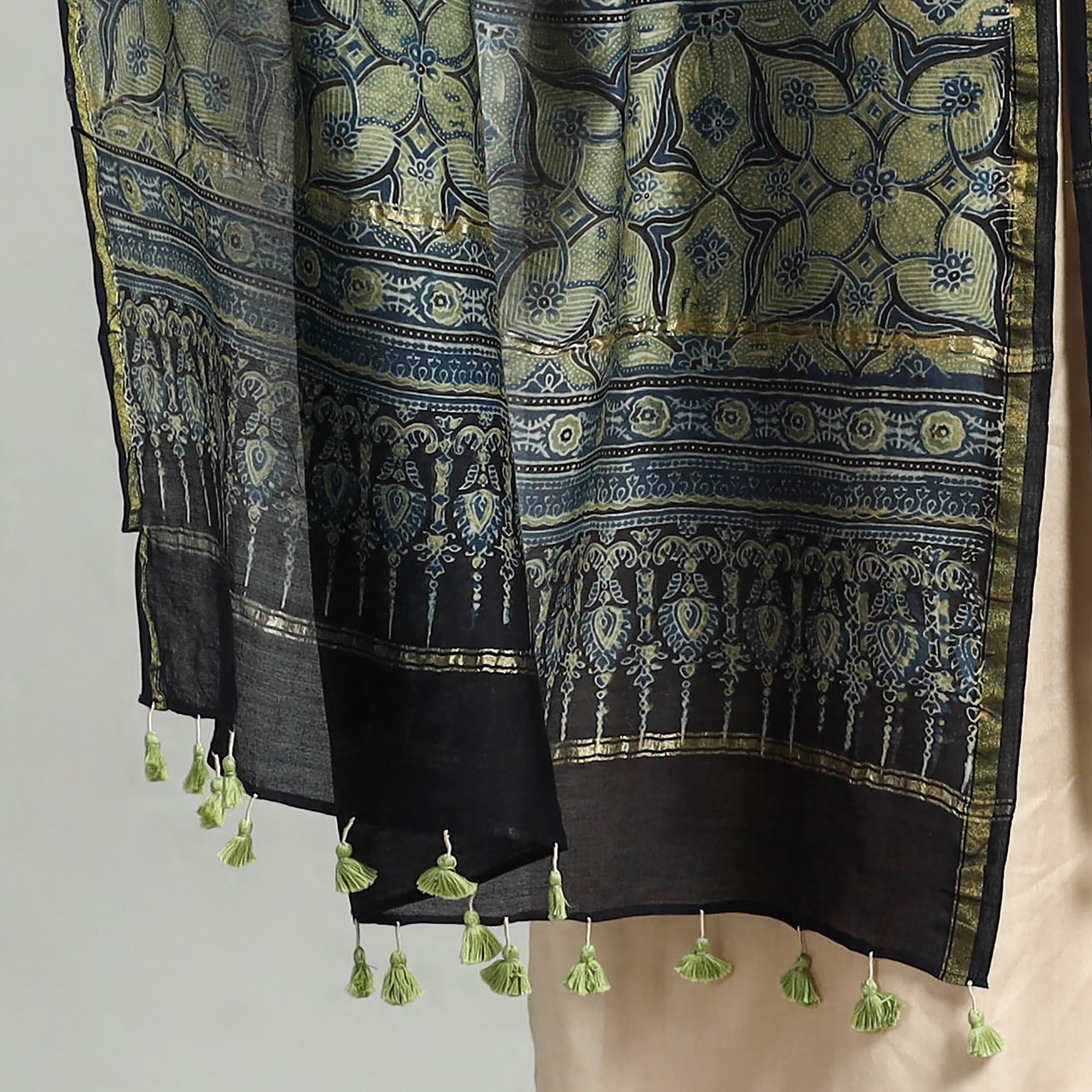 AJRAKH BY SUFIYAN ISMAIL KHATRI Blue - Block Printed Chanderi Silk Handloom Ajrakh Dupatta 03 - view 3