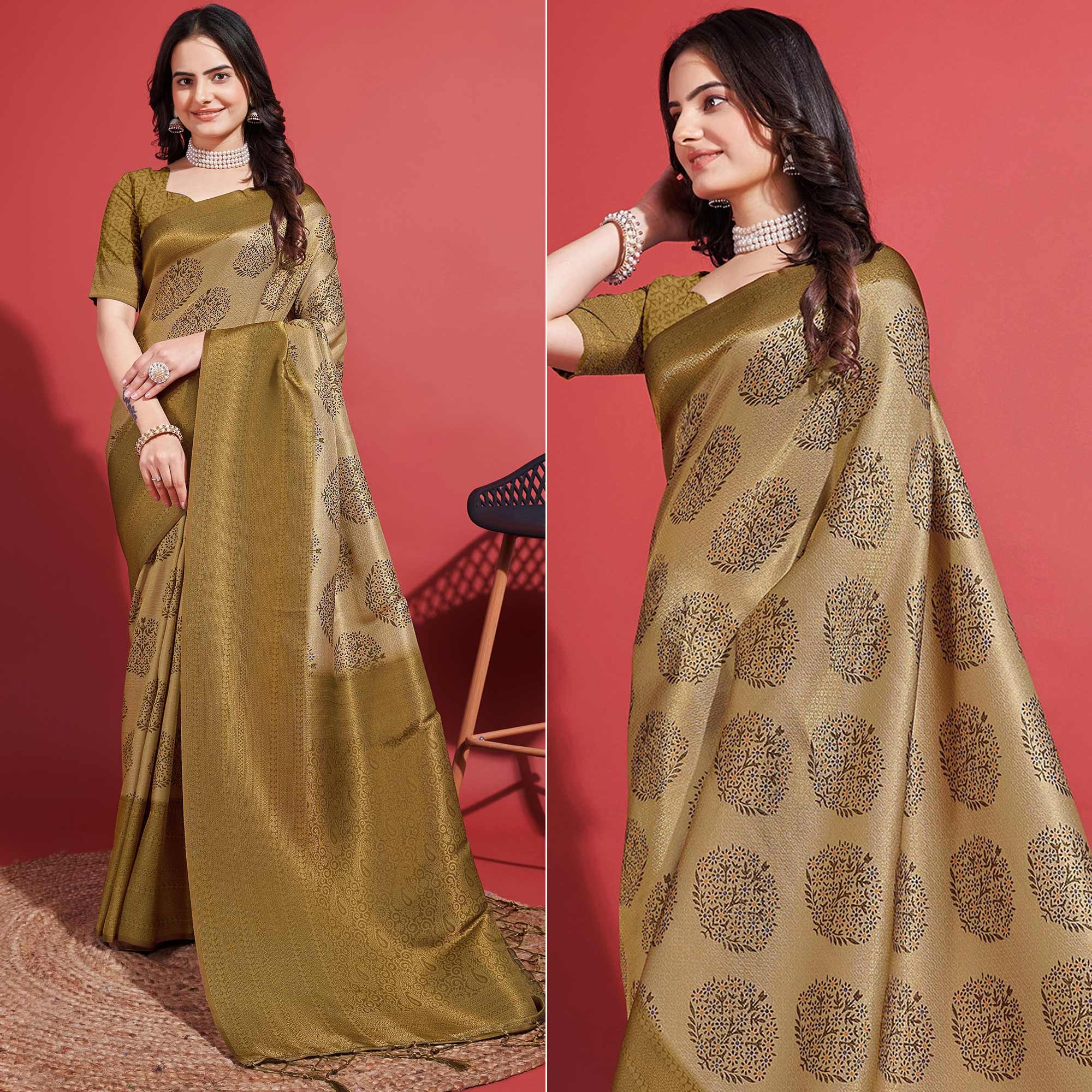 Peachmode Dark Mustard Floral Digital Printed With Woven Banarasi Silk Saree