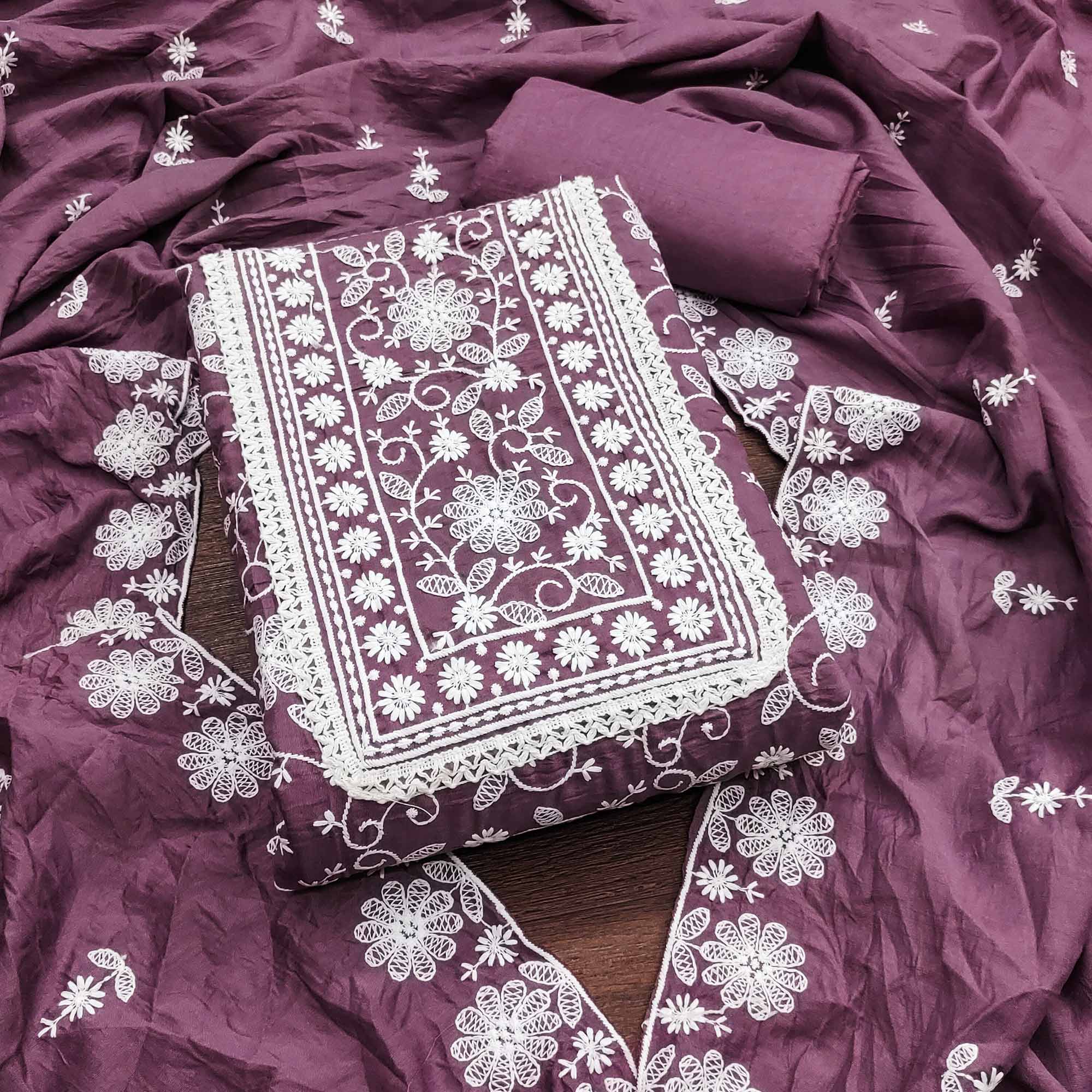 Peachmode Dark Mauve Floral Embroidered Art Silk Dress Material