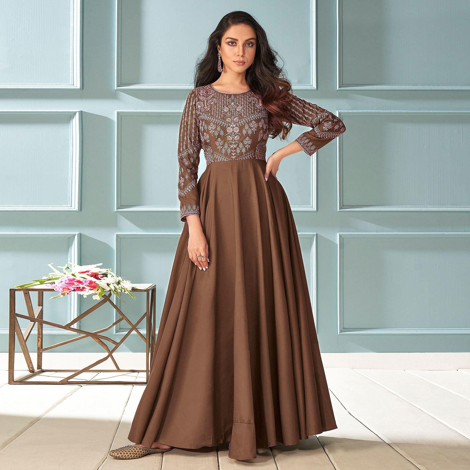 Peachmode Seller Brown Partywear Embroidered Muslin Silk Gown