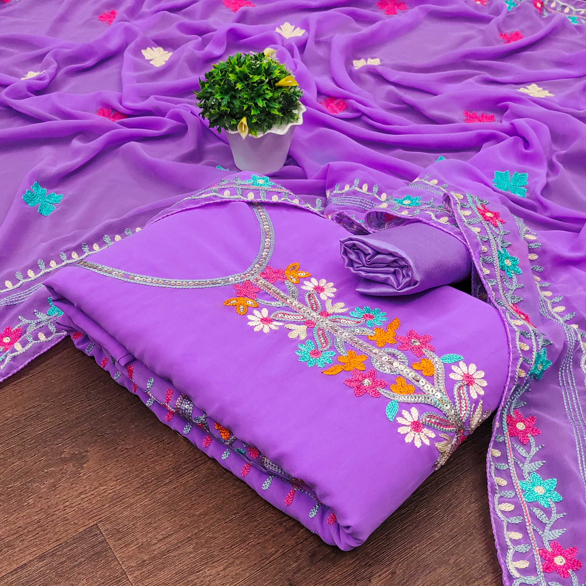 Peachmode Lavender Floral Sequins Embroidered Georgette Dress Material