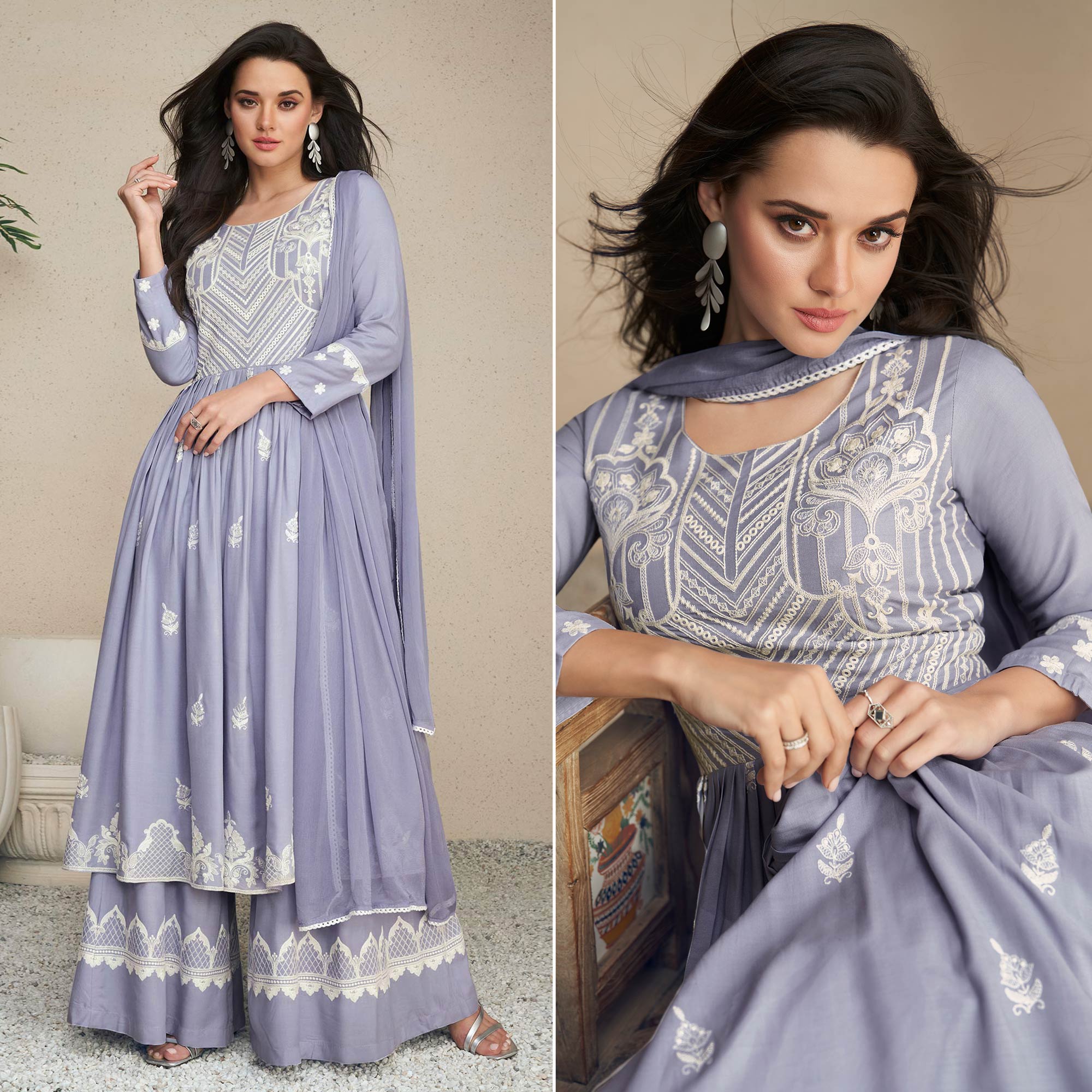 Peachmode Light Purple Lucknowi Embroidered Rayon Palazzo Suit