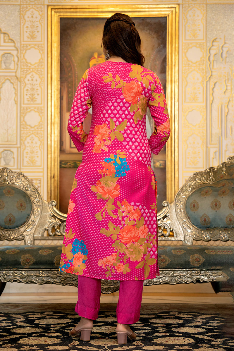 Ahika Pink Silk Blend Floral Printed Straight Suit Set With Trouser Bottom PKSKD2703 - view 4