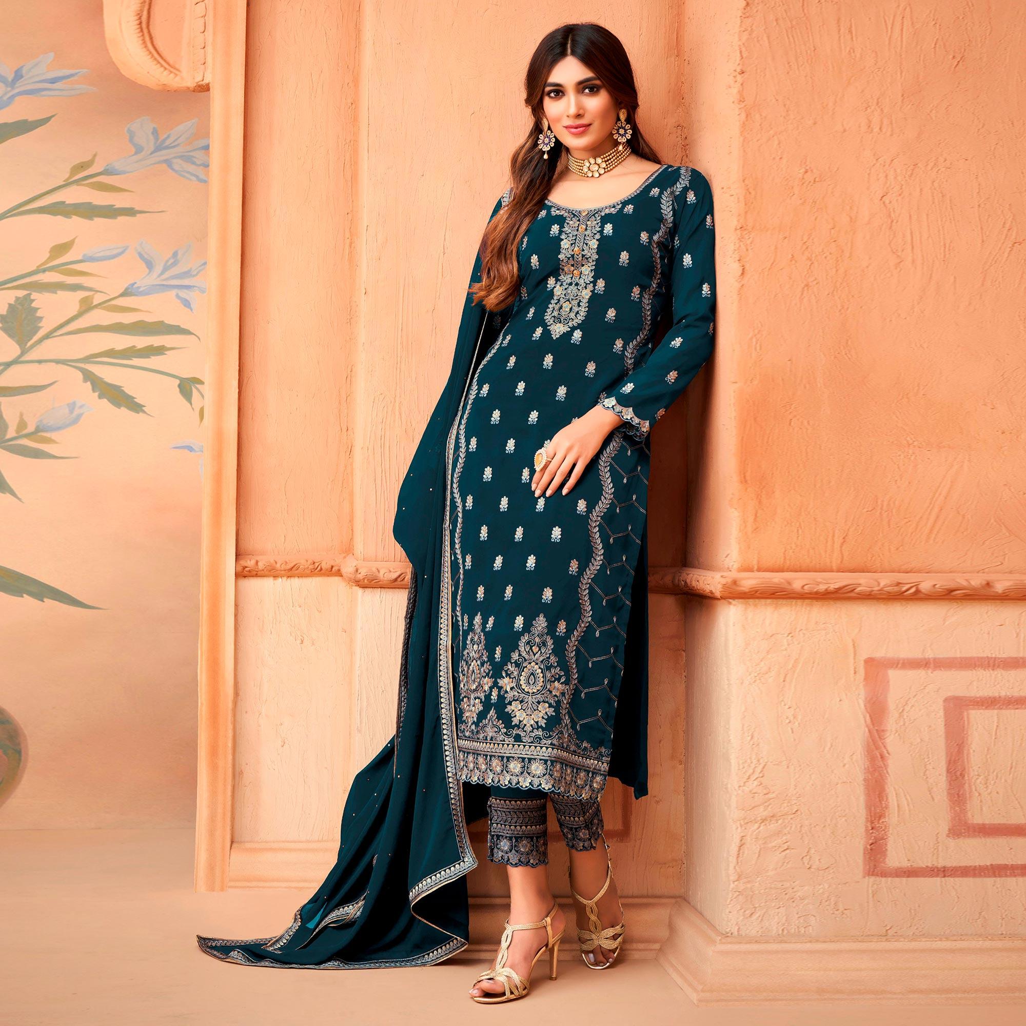 Peachmode Dark Blue Floral Embroidery Designer Georgette Partywear Suit