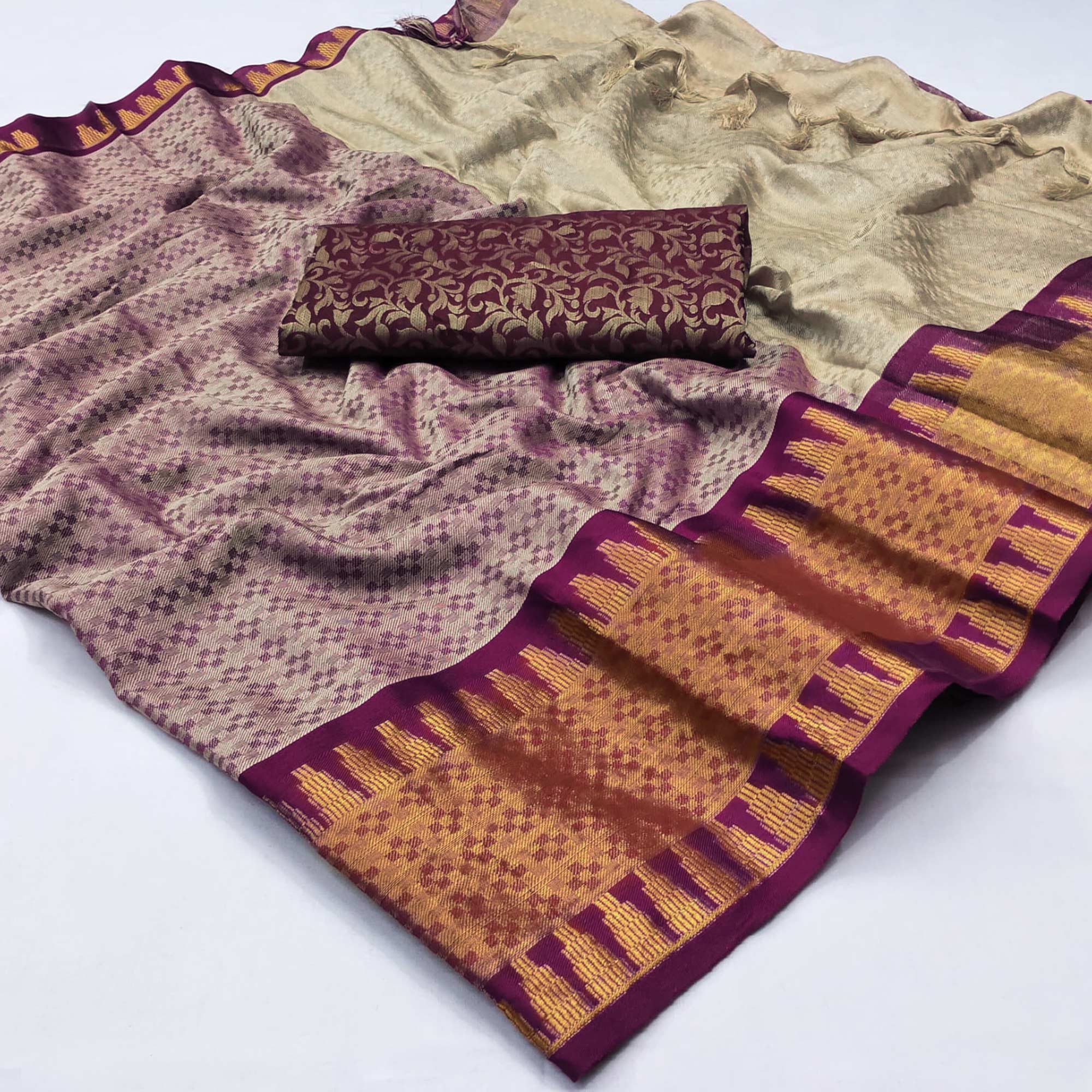 Peachmode Chikoo Woven Cotton Silk Saree With Tassels