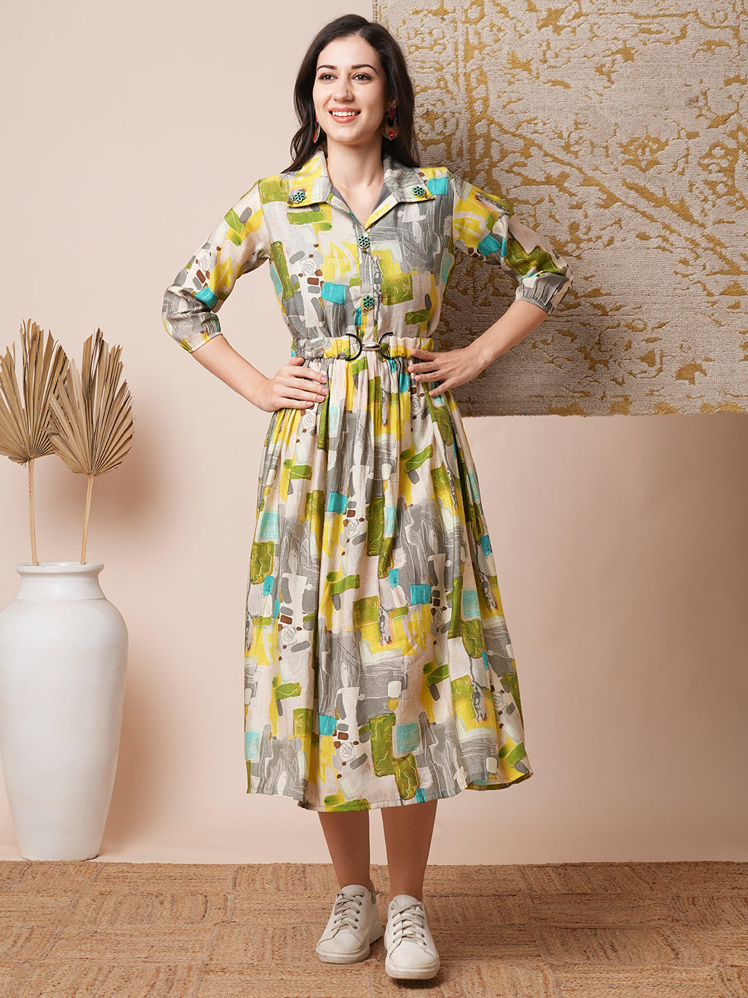 FASHOR Abstract Geometric Printed A-Line Pleated Midi Dress with Buckle Belt - Multi