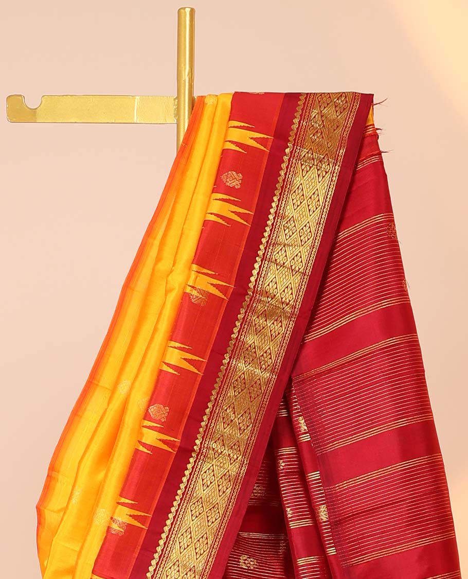 Pothys Yellow buttas kancheepuram silksaree, contrast vidarbha one-side border of salngai,neli & jaal & zari striped pallu - view 3