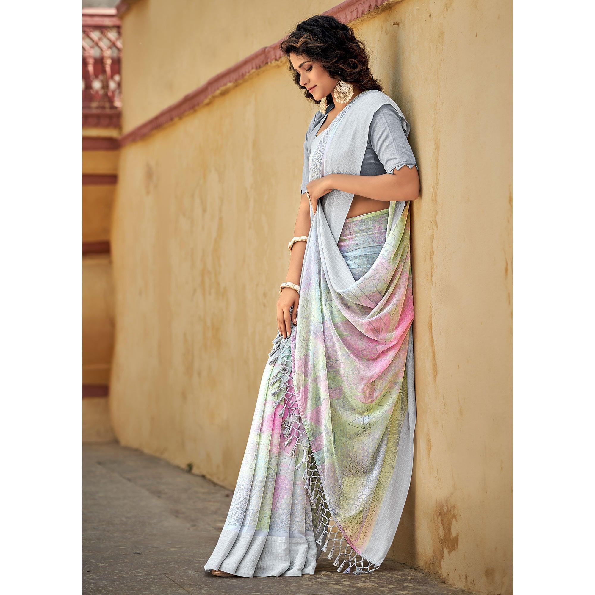 Peachmode Grey Printed Georgette Saree With Tassels - view 4