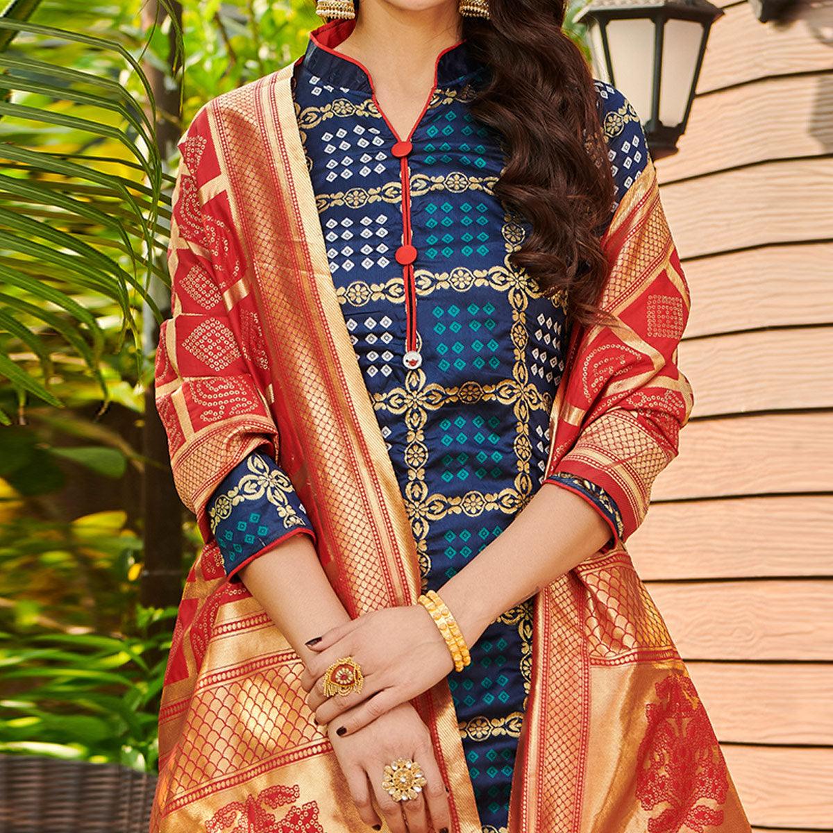 Peachmode Breathtaking Navy Blue Colored Casual Wear Woven Jacquard Silk Dress Material - view 3