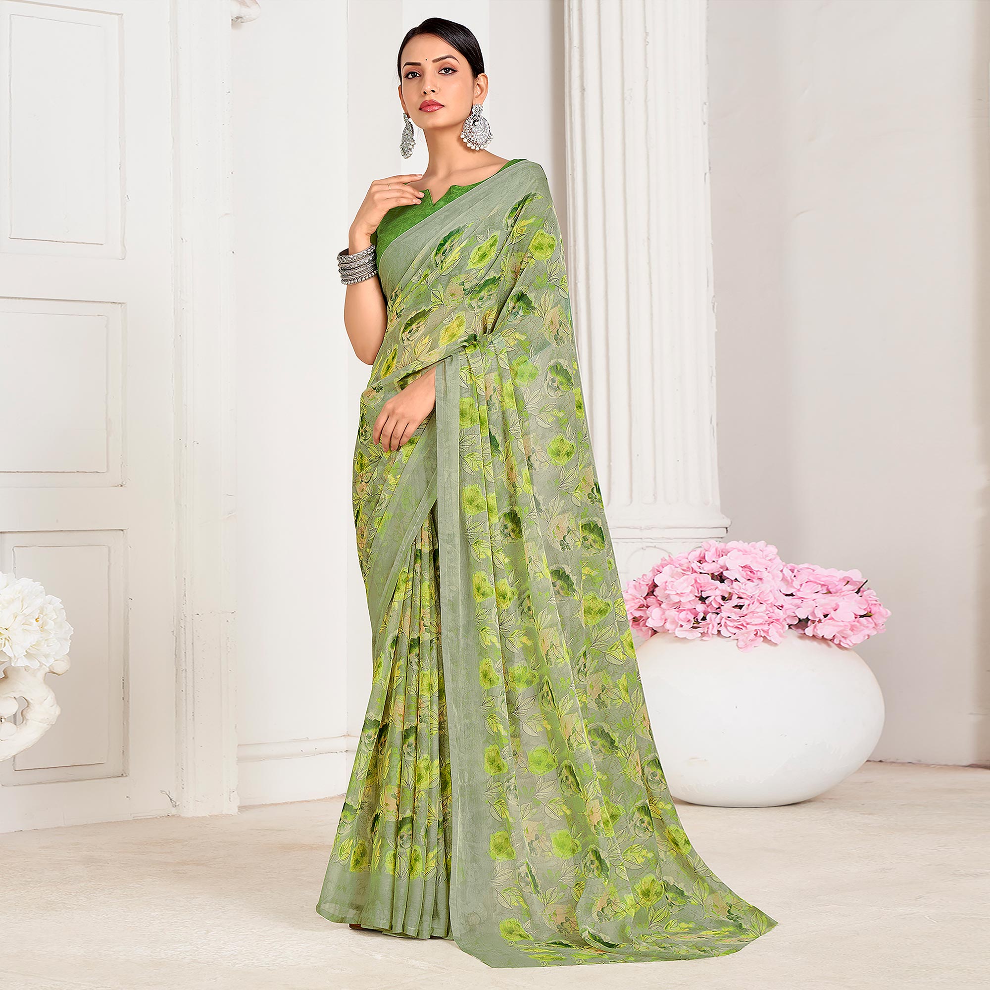 Green sarees – BlackTree green-floral-printed-chiffon-saree-14