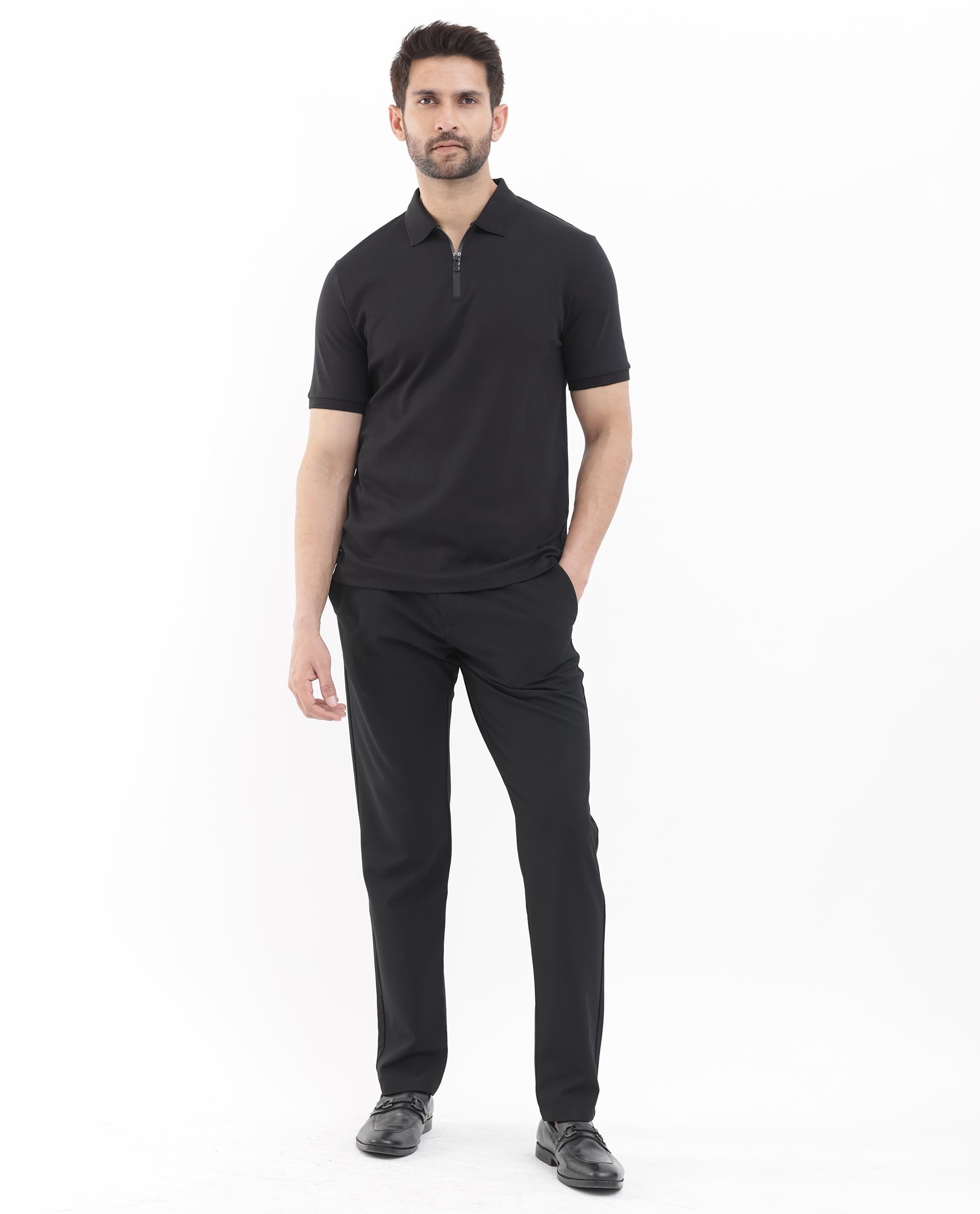 Rare Rabbit Men's Holit Black Half Sleeves Button Closure Solid Polo T-Shirt - view 2