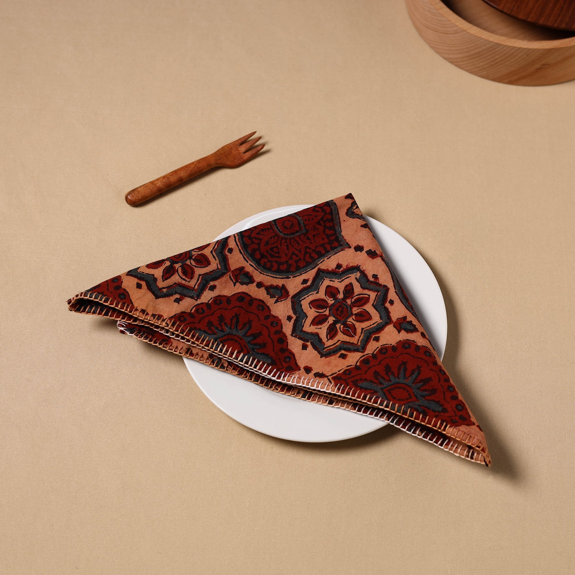 NOORI BAZAR Brown - Floral Sanganeri Block Print Cotton Table Napkin 11