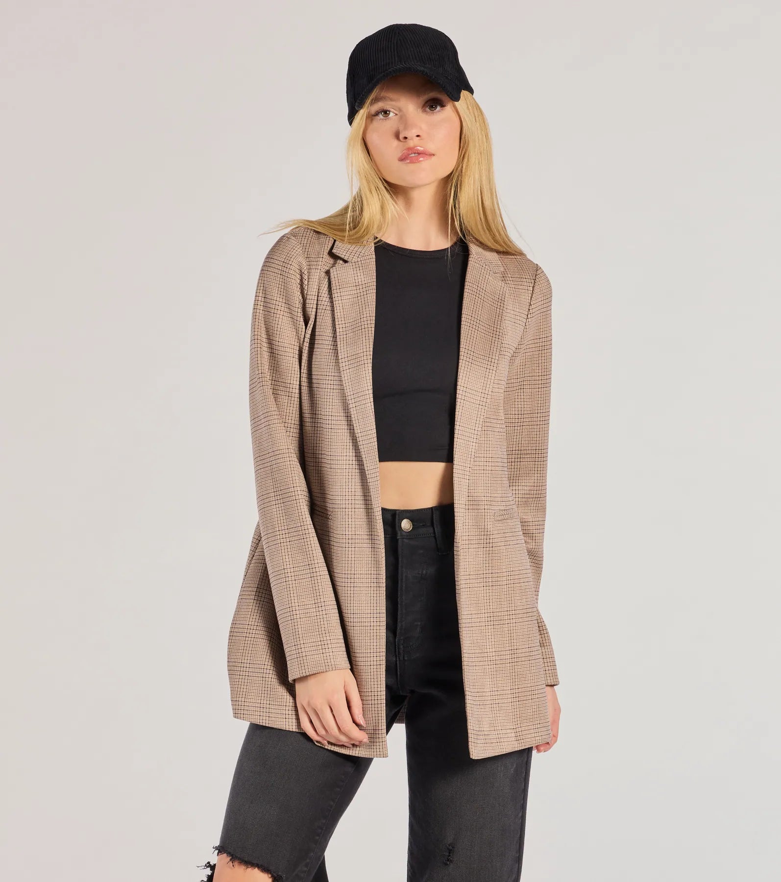Windsor Chic Choice Plaid Faux Suede Blazer – TAUPE