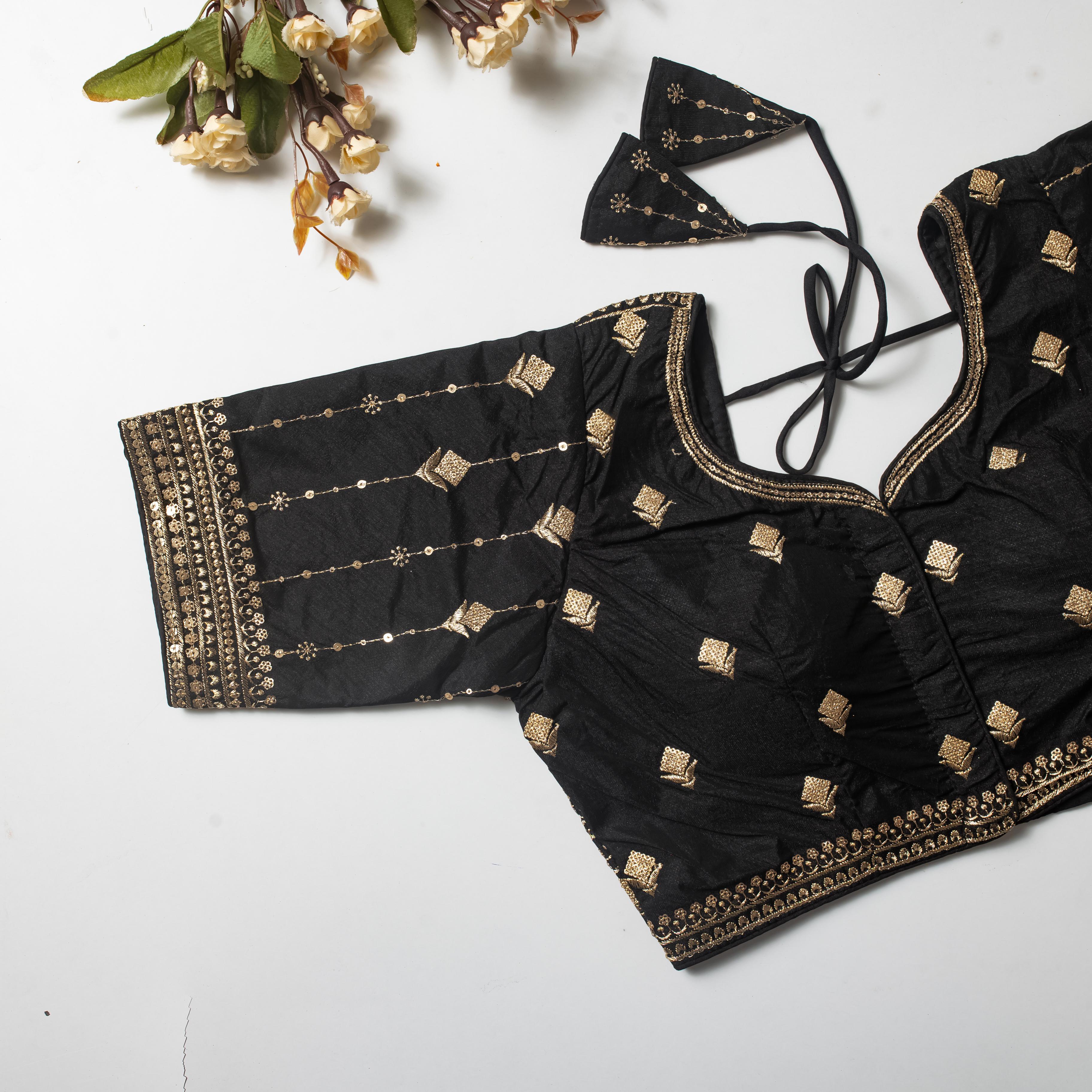 ClothsVilla Black Golden Embroidered Vibrant Silk Blouse with Sequins - view 2