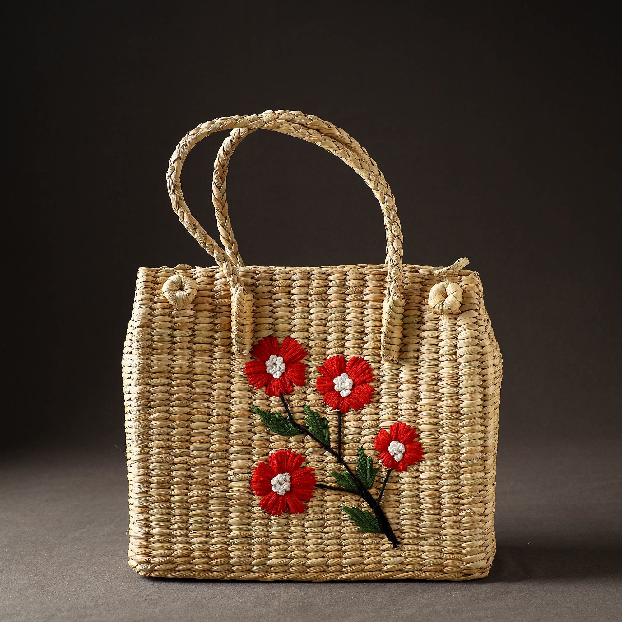 ITOKRI CRAFTS INITIATIVE Beige - Handcrafted Natural Water Reed Embroidered Shopping Bag