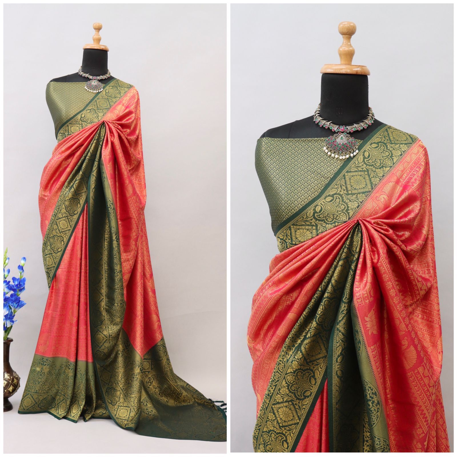 ClothsVilla Pink and Green Kuber Soft Silk Saree with Exquisite Golden Jari Work & Matching Blouse